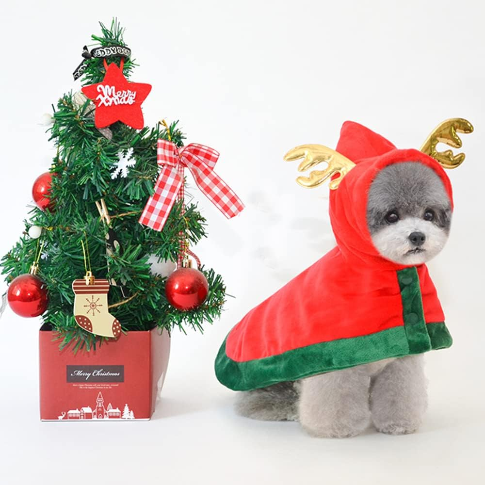 ANIAC Pet Christmas Costume Puppy Xmas Cloak with Antler Cat Santa Cape with Xmas Cap Party Cosplay Dress for Cats and Small Medium Dog (Medium, Red) image number 2