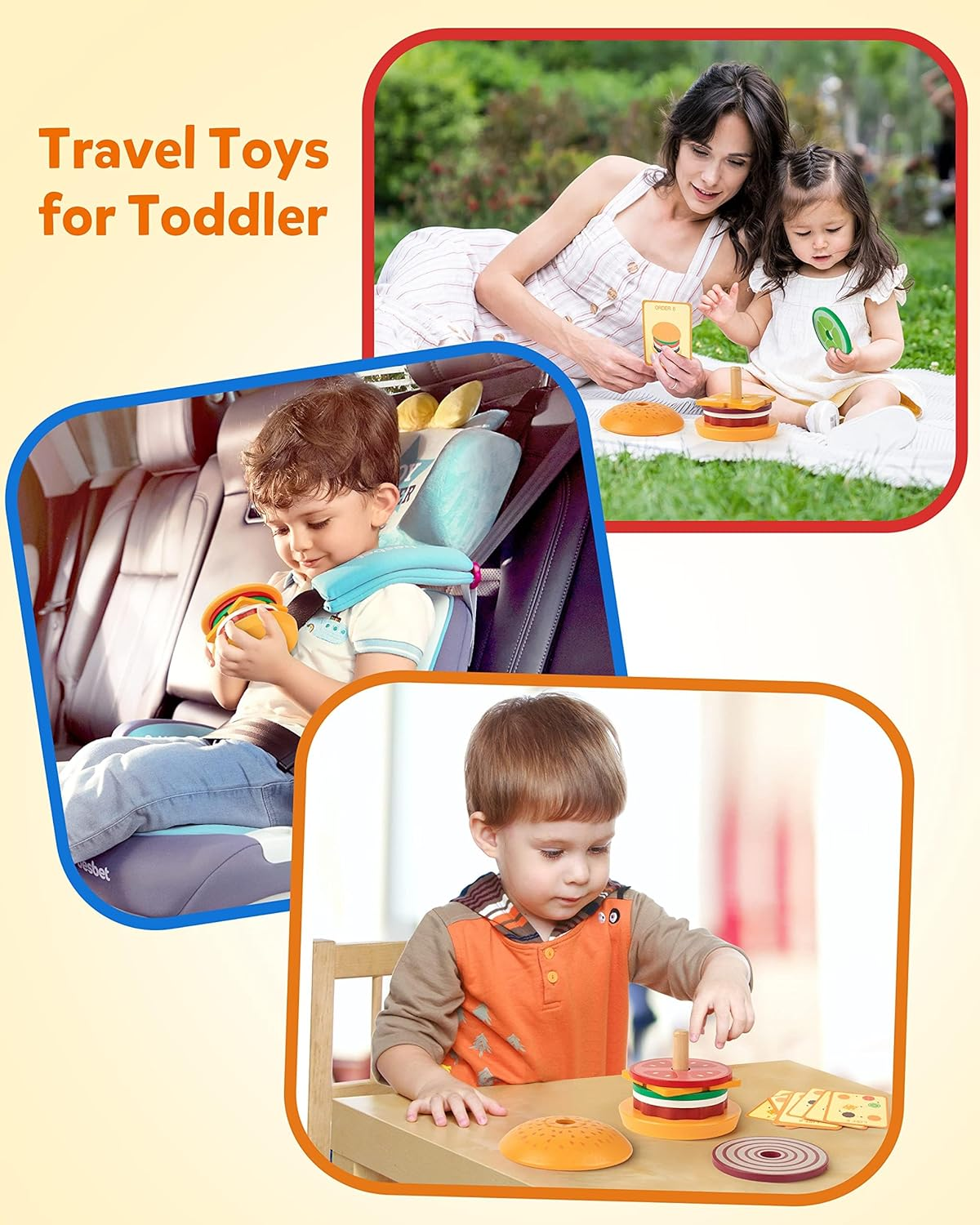 Vanmor Wooden Stacking Burger Montessori Toy for 3+ Years Old, Pretend Playing Food Hamburger Puzzle Pattern Games, Educational Activities Teaching Tool for Preschool Fine Motor Skills for 3 4 5 image number 1