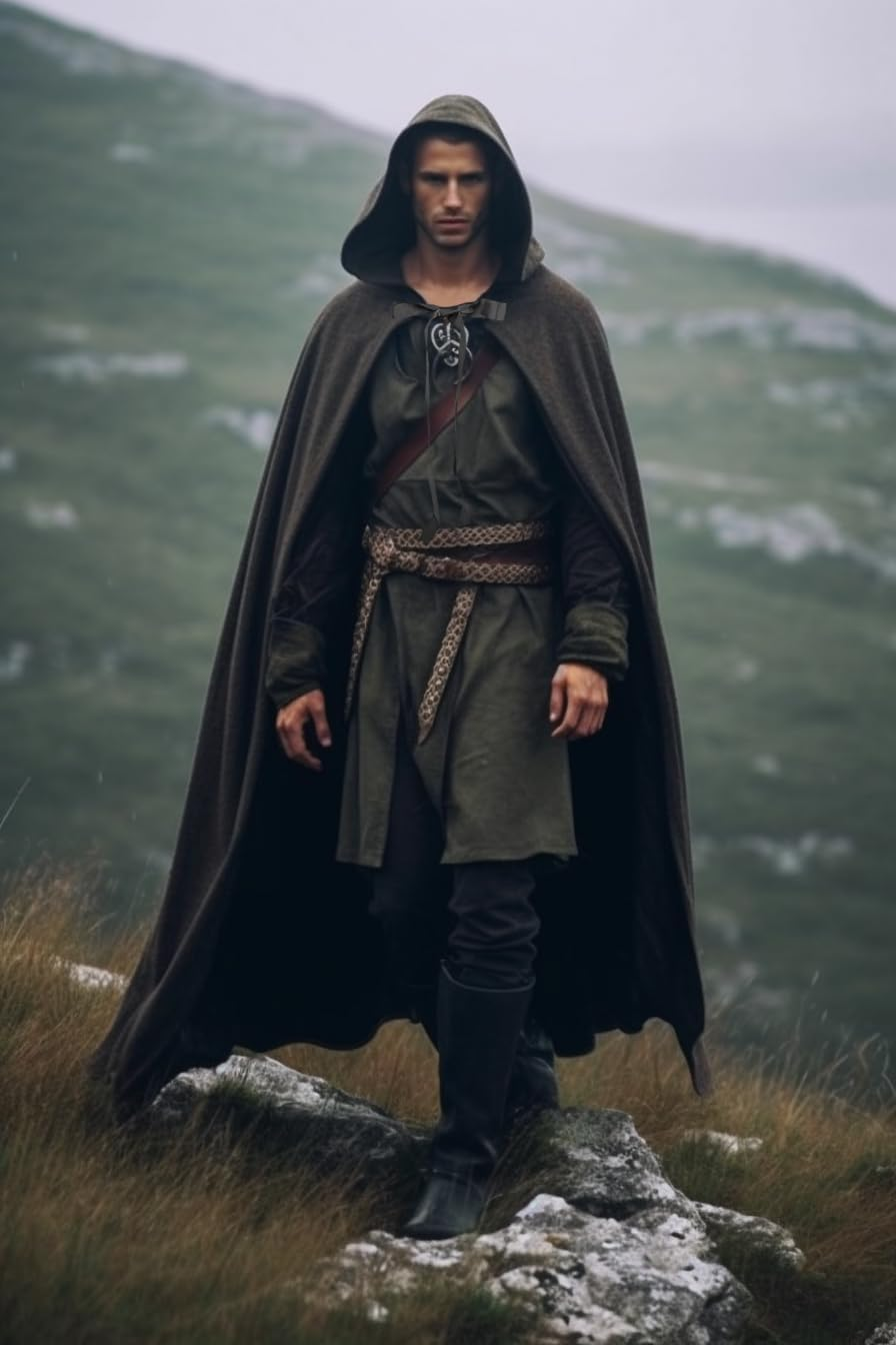 Black Renaissance Hooded Cape Witch Cloak with Hood Medieval Hobbit Halloween Costume image number 1