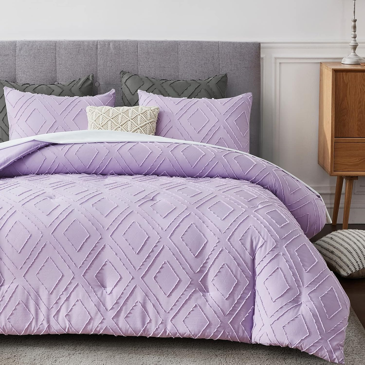 Boho King Comforter Set,Purple Rhombus Tufted King Size Comforter Set with Corner Loops,3 Pieces Embroidery Shabby Chic Bedding Comforter Sets for All Seasons(Purple,King) image number 6