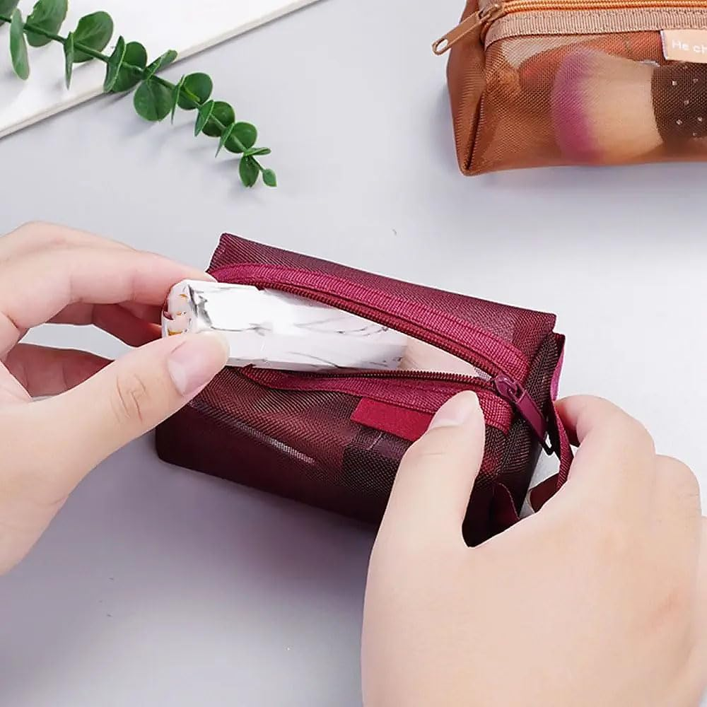 3Pcs Portable Square Mesh Storage Bag, Zippered Cosmetic Bag, Small Coin Purse Travel Carry Pouch (Red+Brown+Dark Blue) - Blue image number 3