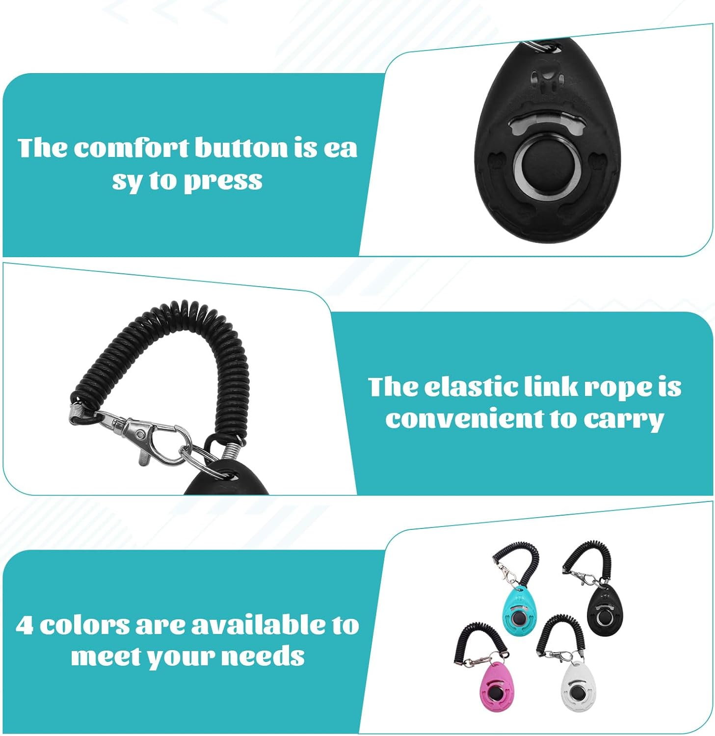 Dog Clicker, 4Pcs Dog Training Clicker, Pet Training Clicker, Pet Behavioral Training Tools with Wrist Strap for Pet like Dog, Cat, Horse, Bird, Dolphin, Puppy (Lake Blue & White & Black & Pink) image number 2