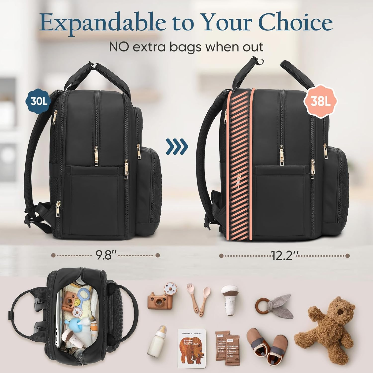 Qualyphant Diaper Bag Backpack - Expandable 35L Extra Large Diapers Bags for 2 Kids Twins, Quilted Baby Changing Backpacks image number 1