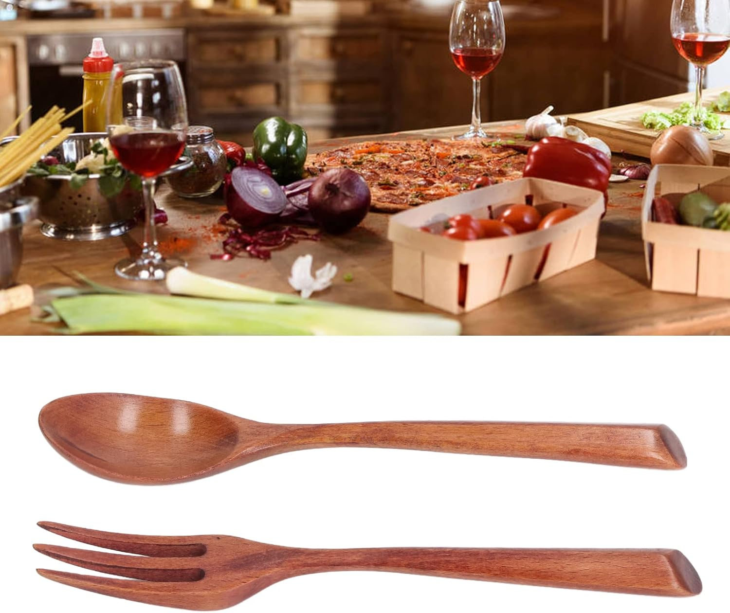 Baxnore 2PCS Wooden Fork Spoon Set, Heat Resistant Wooden Fork Spoon, Scratch Resistant Wooden Flatware, Wood Kitchen Utensil for Cooking image number 2