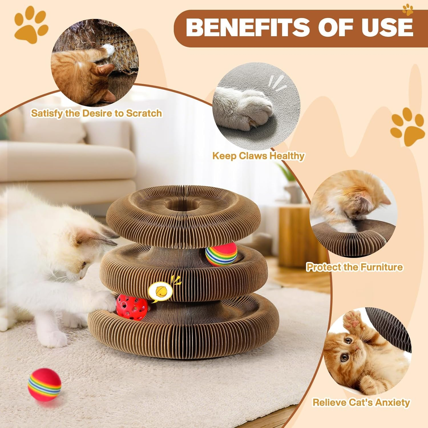 2-Layer Magic Organ Cat Scratcher Board with 4 Interactive Balls and 1 Interactive Cat Feather Toy, Foldable Scratching Pad for Indoor Cats, Magnetic Organ Scratcher Toy, Portable Cats Toys image number 5