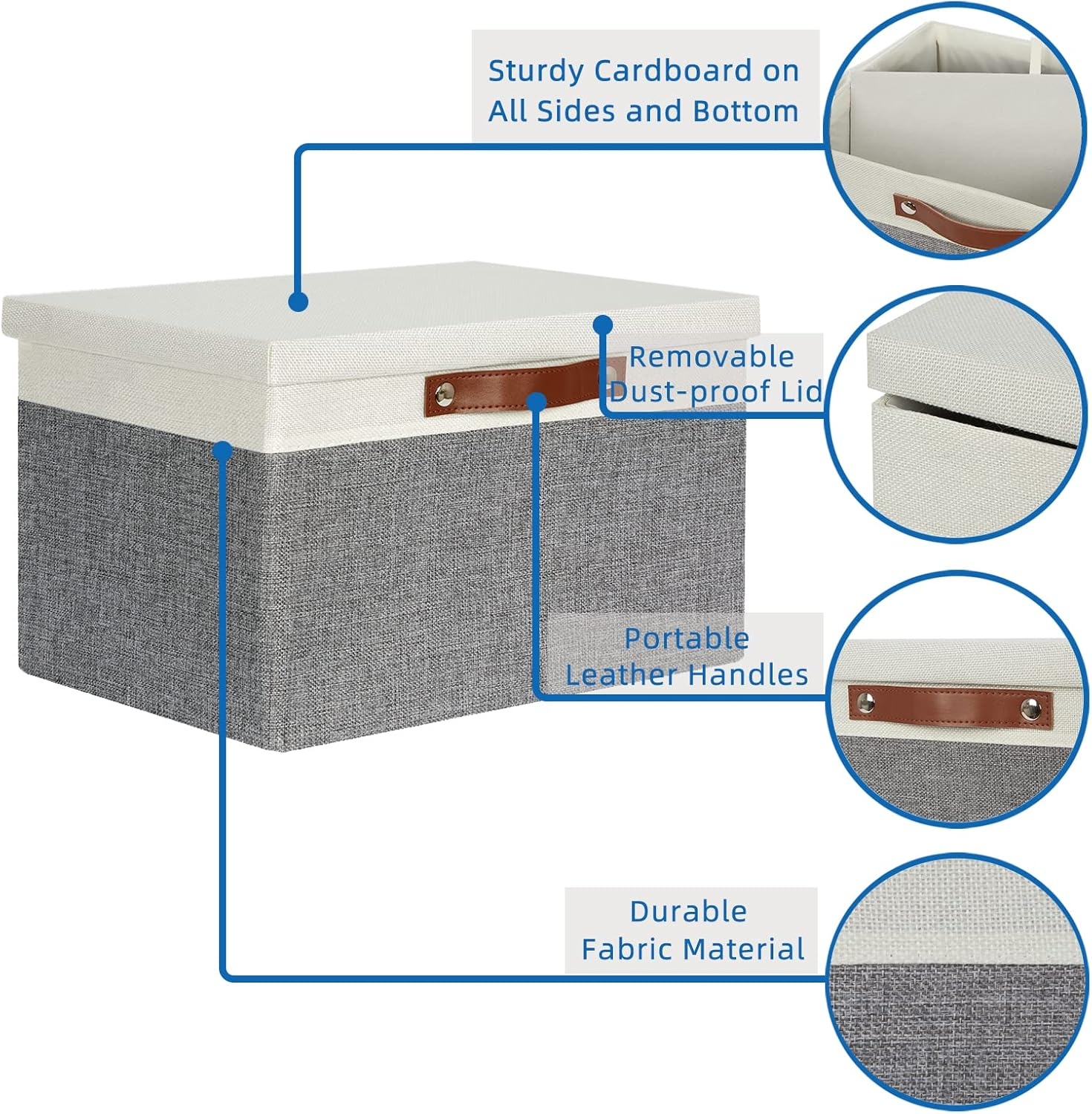 Temary Collapsible Storage Bins Storage Boxes with Lid, 2 Pack Storage Baskets with Lid Decorative Storage Clothes, Toys, Organizer Bins with Handles (White&Gray, 15X11X9.5Inch) image number 6