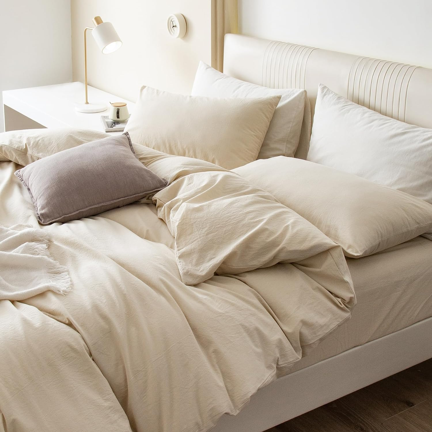 JIYUAN 100% Washed Cotton Duvet Cover Set Comfy Simple Style Soft Breathable Textured Durable Linen Feel Bedding for All Seasons Queen, Solid Beige image number 2
