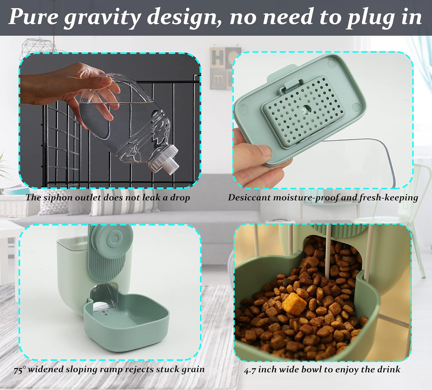 Kenond 35Oz Hanging Automatic Pet Food Water Dispenser, Auto Gravity Pet Feeder and Waterer Set, Cage Cat Food Bowl Dog Feeding Station for Puppy and Kitten Rabbit Chinchilla Hedgehog Ferret (Green)