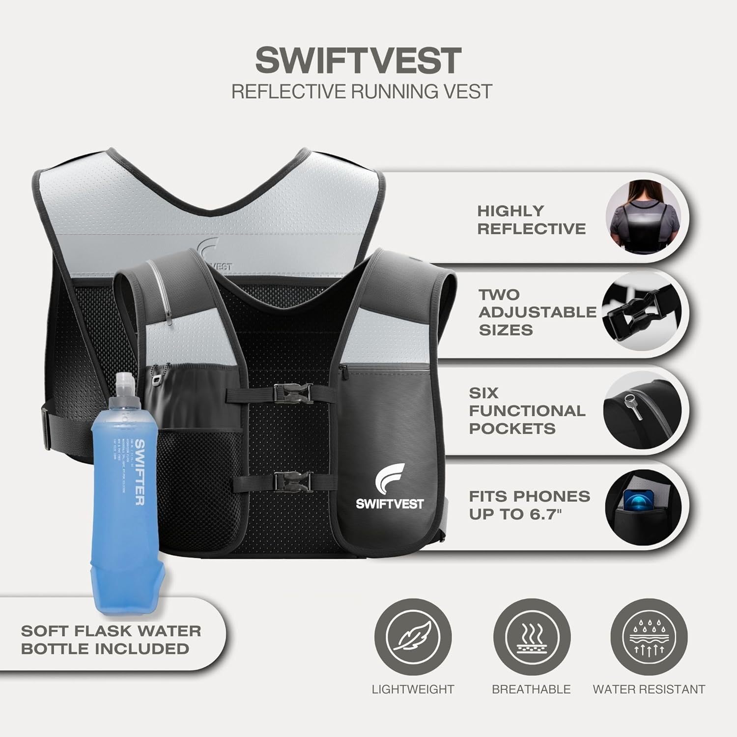 SWIFTVEST Running Phone Holder Vest | Waterproof Phone Pouch | Reflective Hydration Vest | Adjustable Waistband | Water Bottle Holder | Lightweight | 6 Pockets for Running Accessories - Men & Women image number 6