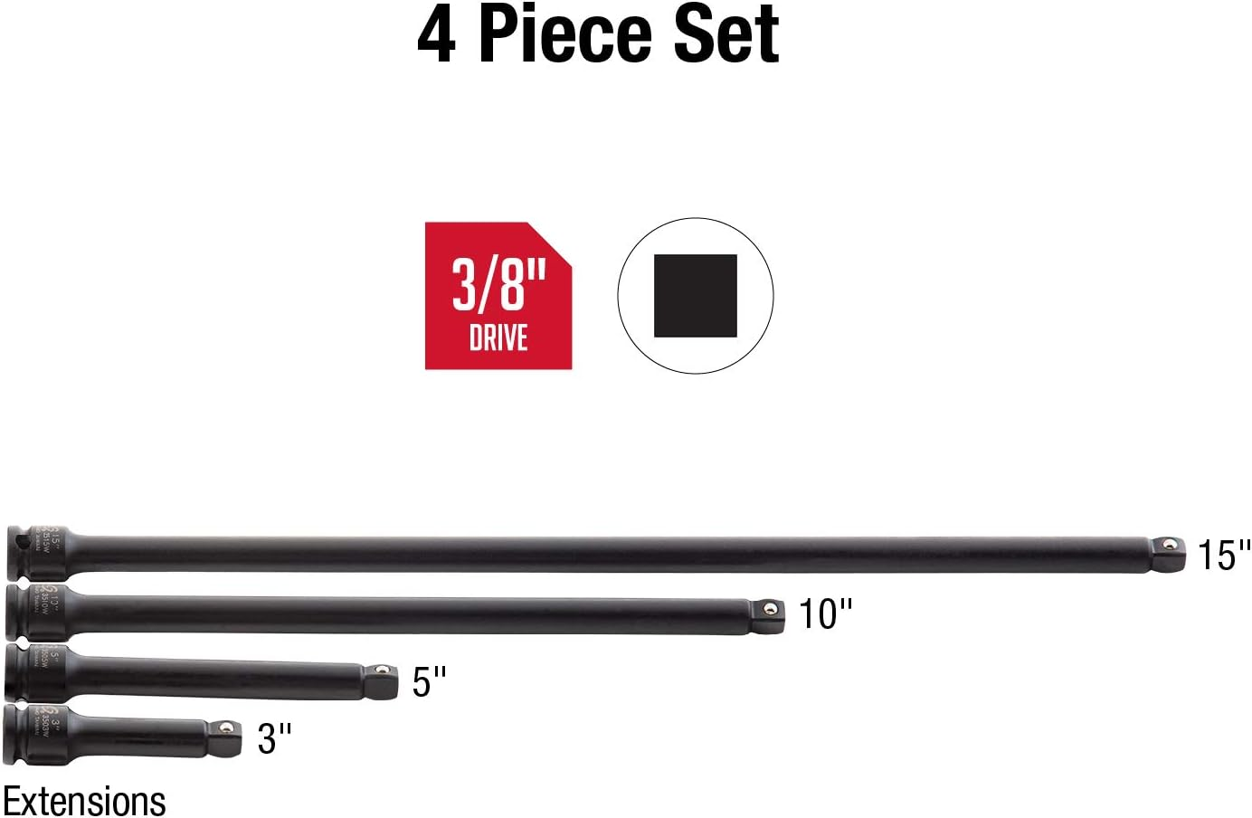 Sunex 3504 3/8-Inch Wobble Drive Extension Impact Socket Set SAE 6-Point Cr-Mo 3-Inch - 15-Inch 4-Piece