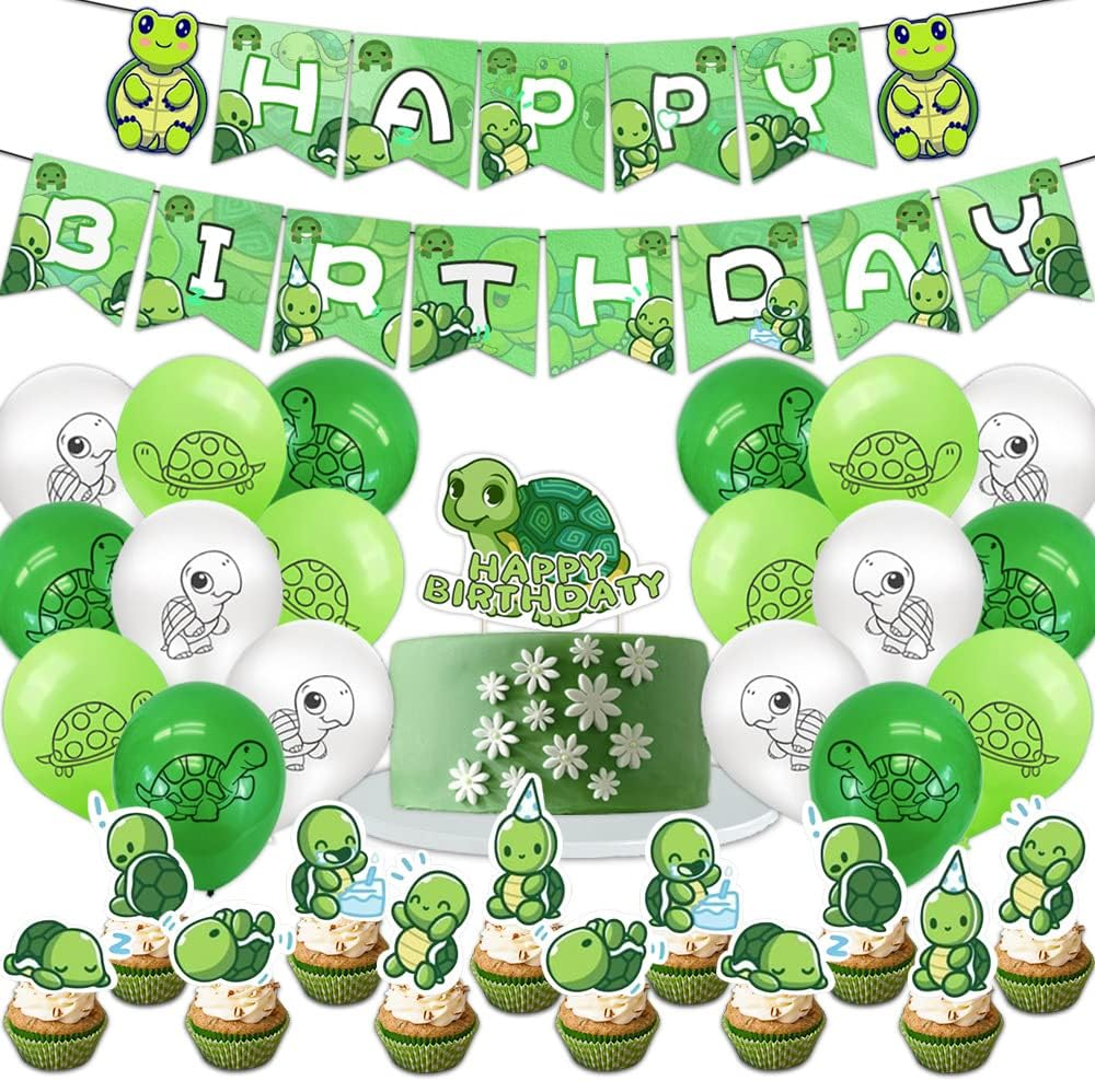 Turtle Birthday Party Decorations Set, Happy Birthday Banner, Balloons, Cake Topper, Cupcake Toppers, 32 Pieces, Green image number 2