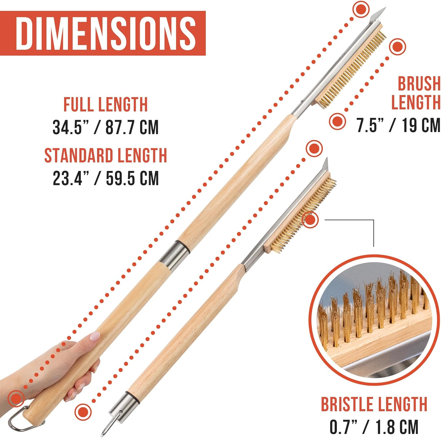 Chef Pomodoro Pizza Oven Brush with Scraper - Adjustable Handle (55Cm to 87.7Cm), Pizza Stone Brush, Pizza Oven Cleaning Brush, Outdoor Pizza Oven Accessories for Pizza Stones, BBQ Grill, and Ovens