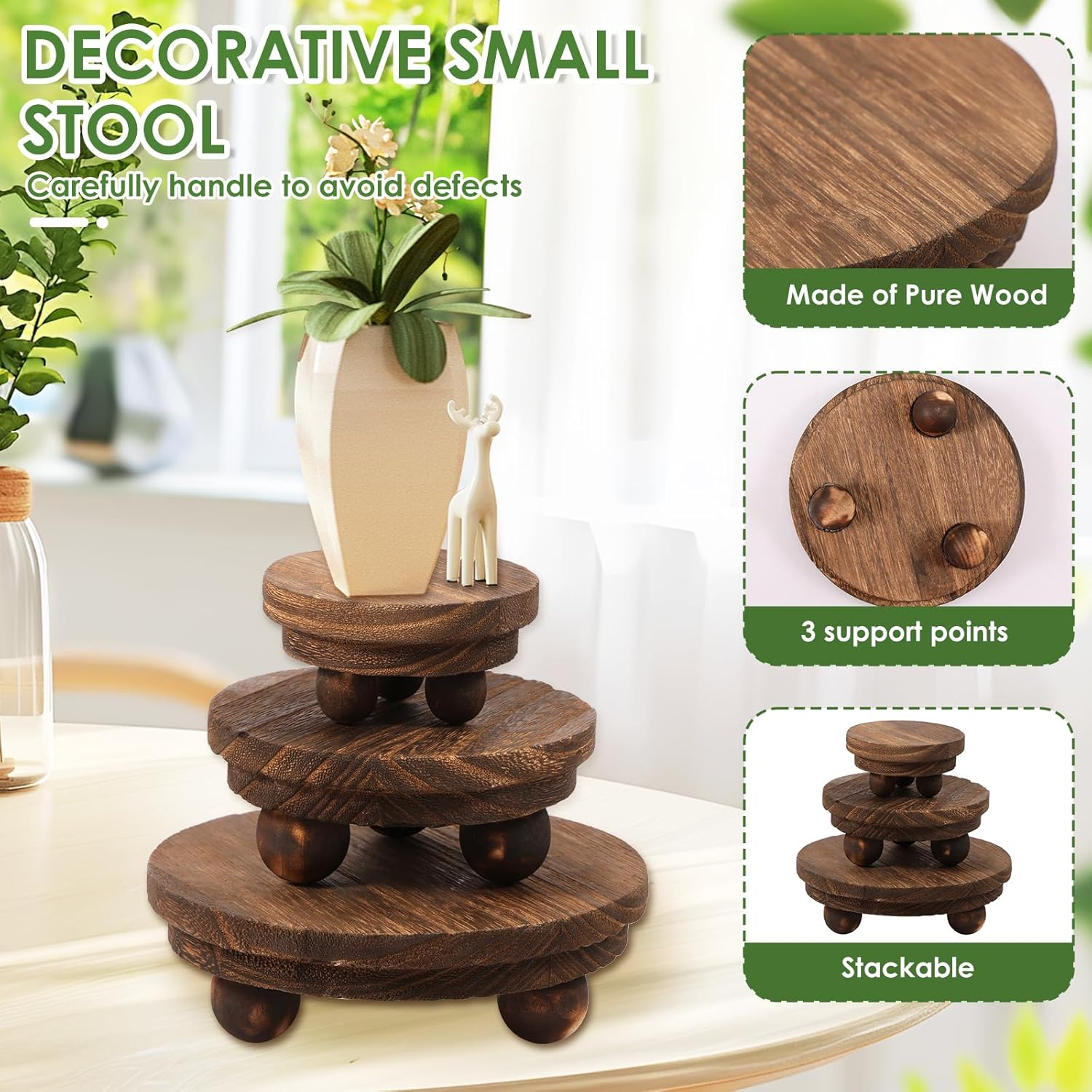 3 Pcs Wood Risers for Decor, Wood Pedestal Stand for Display, round Mini Riser Stand, Tiered Tray Decor Riser, Stackable Wooden Stool Display Stand Flower Pot Holder for Indoor Outdoor (Brown) image number 5