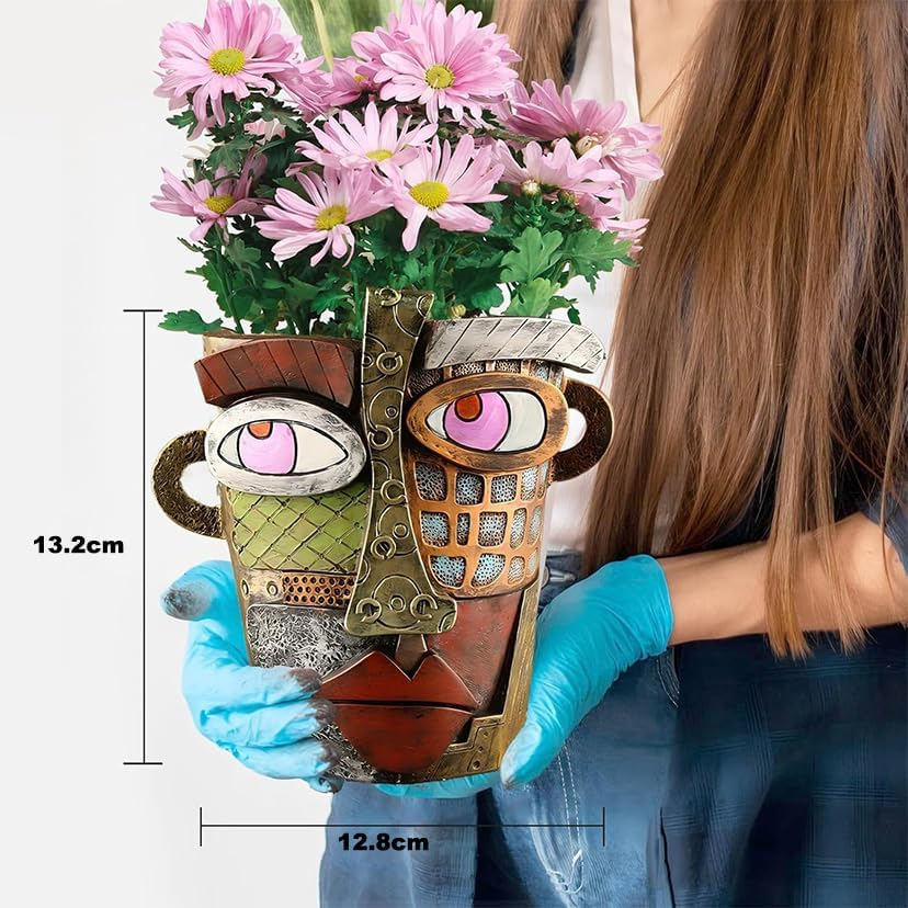 Picasso Brutalist Abstract Face Planters Pots Head, Unique Abstract Flower Pot, Funny Planters Decoration Flower Resin Face Flower Pot for Indoor and Outdoor Plants Colorful Funny Room Decor (Retro) image number 6