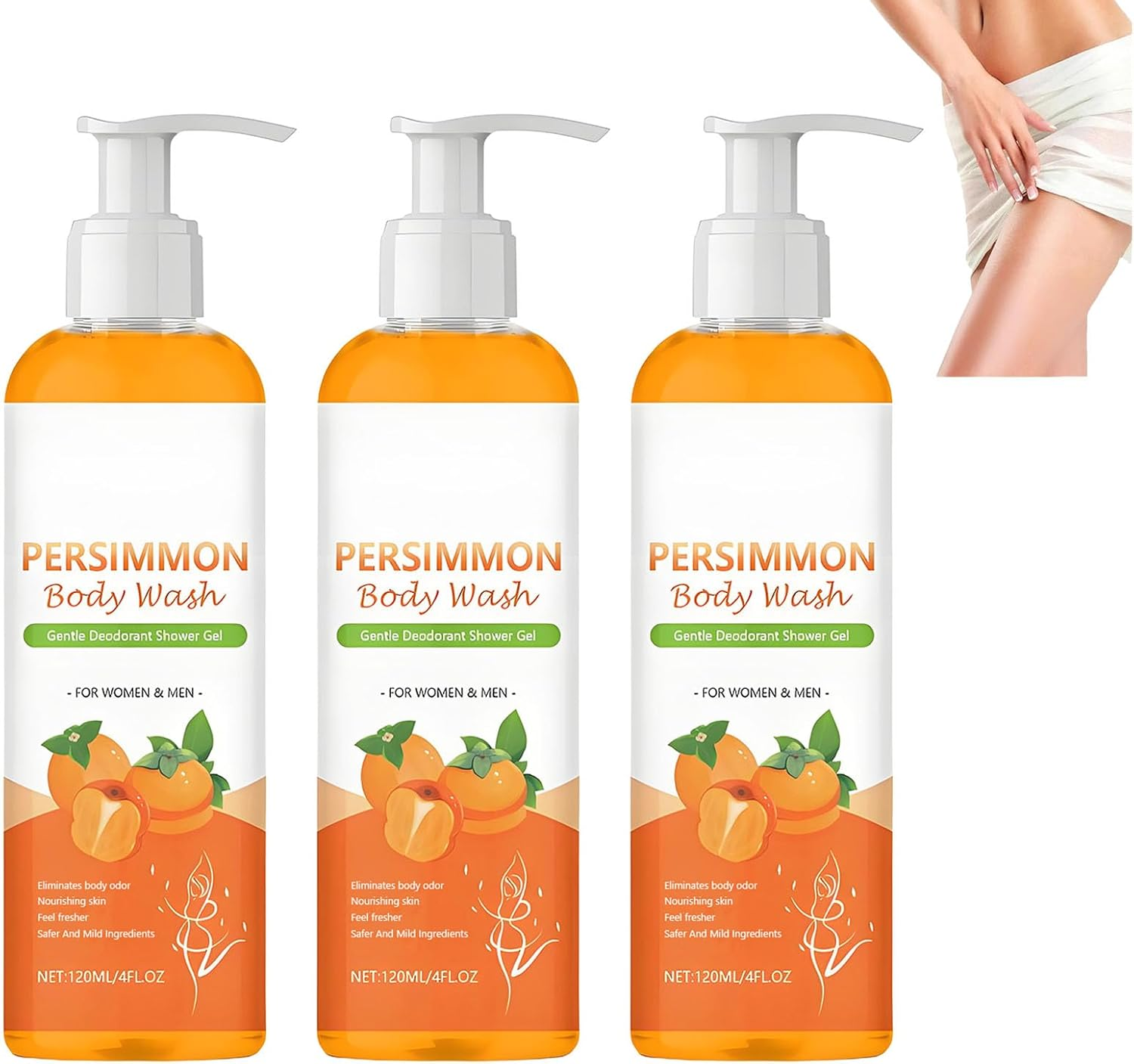 Persimmon Body Wash for Body Odor, Natural Deodorant Body Wash for Strong Odor Smell Removing, Deeply Cleansing & Moisturizing, with Persimmon Extraction, Fresher Scent, Gentle Ingredients (1Pcs)