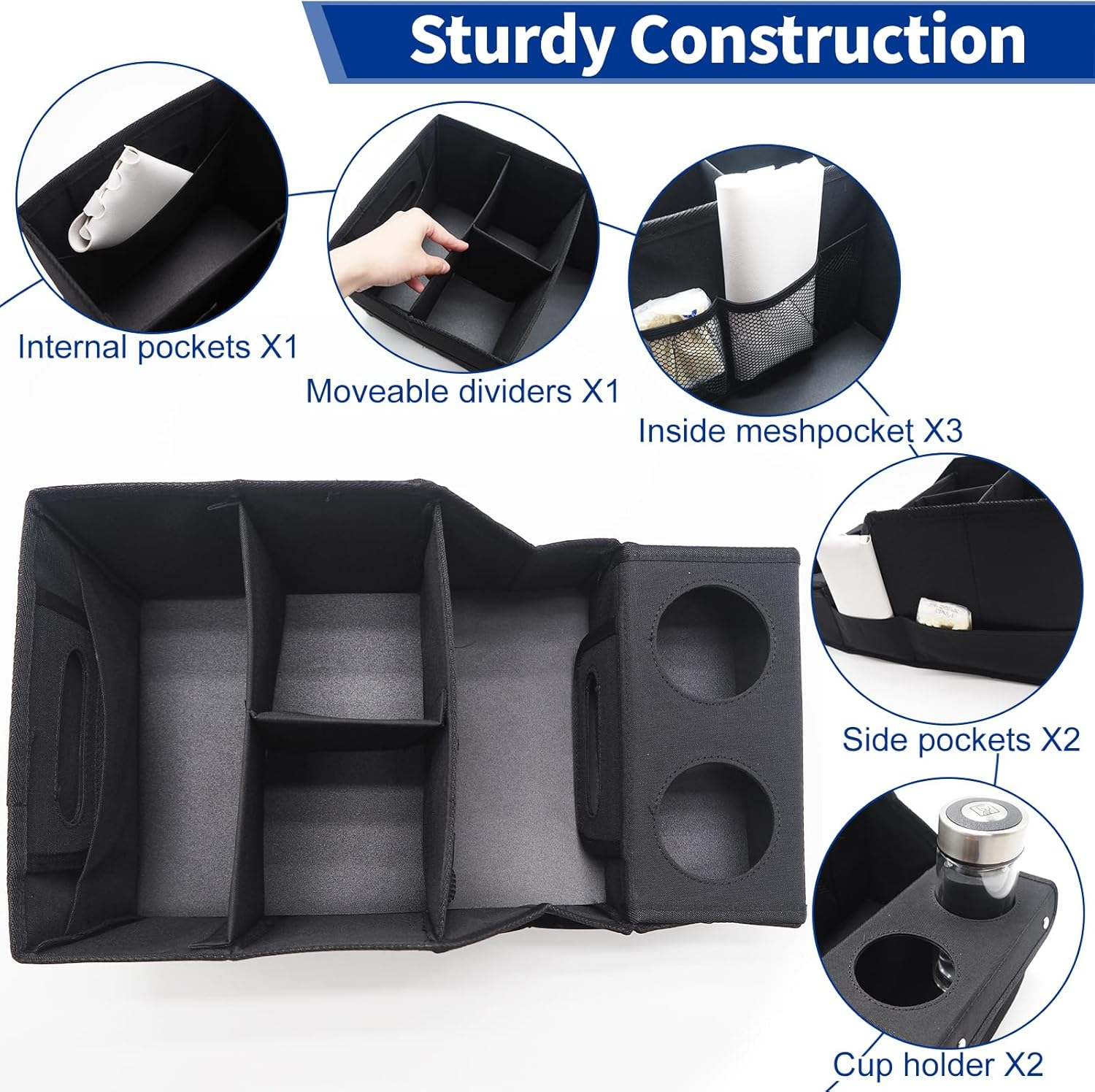 Car Seat Organizer, Large Capacity Car Backseat Organizer with Cup Holder, Collapsible Automotive Storage Box with 11 Compartments Organizers, Front/Rear Seat Organizers Travel Accessories (Black) image number 4