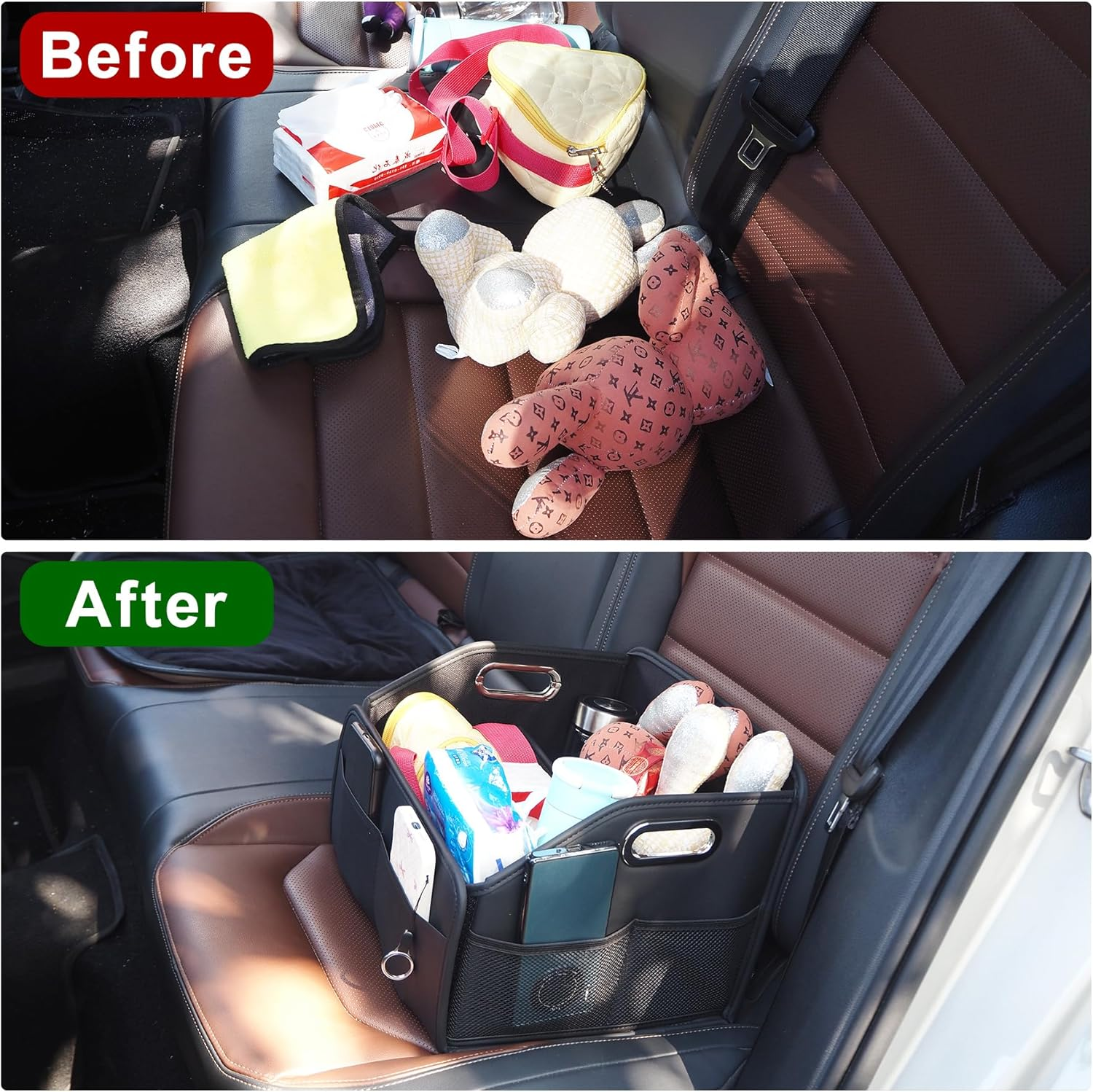 21L Car Seat Organizer for Back & Front Seats, Nappa Leather Car Trunk Storage Box with 8 Compartments 2 Carry Handles, Collapsible Multipurpose Automotive Cargo Organizer for Cars, SUV, Trucks image number 5