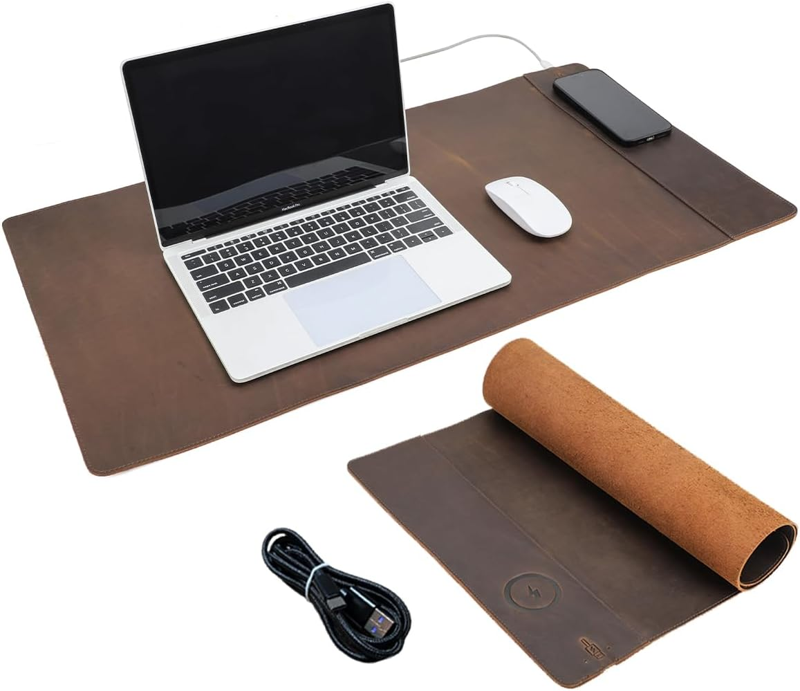 Contacts Top Grain Leather Wireless Charging Desk Mat with 15W Wireless Charger Type C Chargering Port Computer Desk Pad Large Mouse Pad 80X40 Cm image number 6