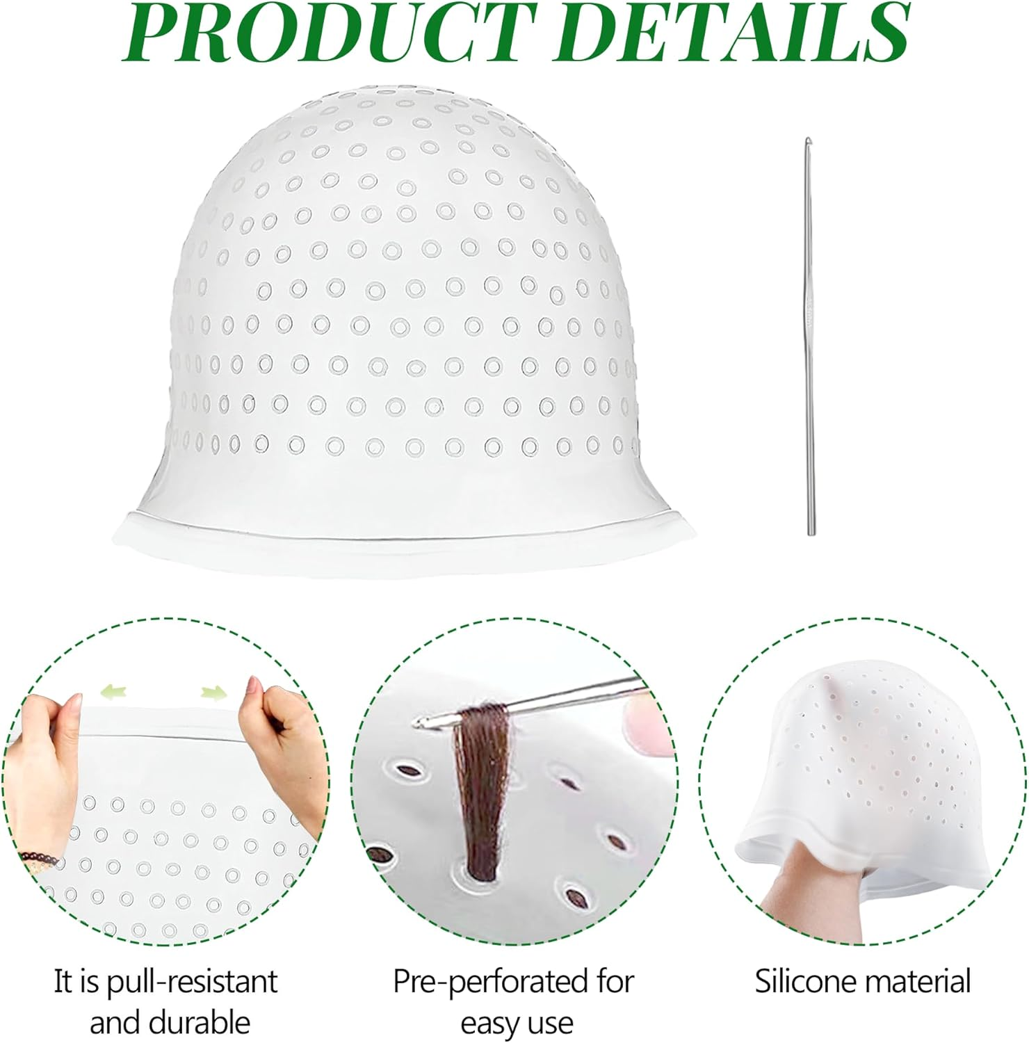1 Piece Highlight Cap with Highlight Needle Silicone Highlight Hood Set Silicone Strands Hood with Holes Reusable Highlight Set for Professional Salon and Home Hair Dyeing (White)