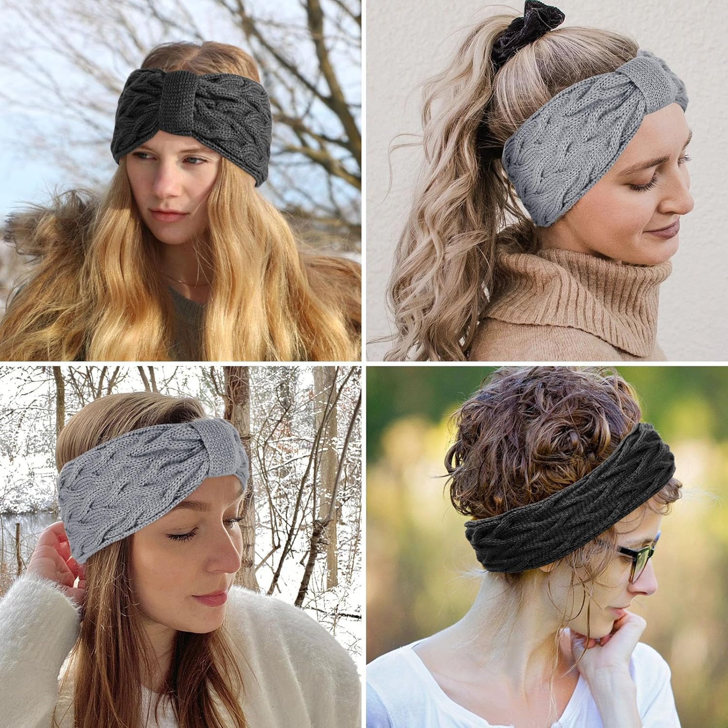 Pack of 2 Women'S Winter Headbands, Girls' Lined Fleece Hair Band, Elastic Headband, Knitted Headband, Women'S Headband, Knitted Headwrap, for Autumn and Winter (Black + Grey)