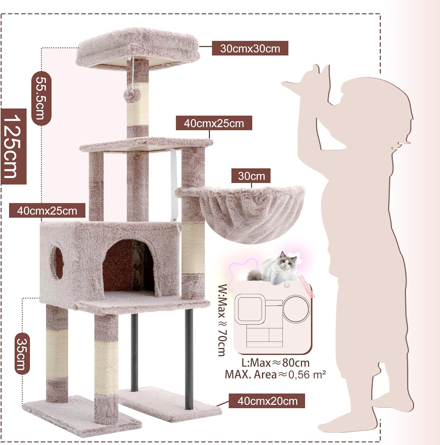 Heybly Cat Tree, 125Cm Cat Tower for Indoor Cats, Spacious Cat House Condo with Hidden Space，Sturdy Steel Tube，Soft Plush Top Perch，Cozy Hammock and Sisal Scratching Posts, Muchroom HCT200SMU - Beige image number 4