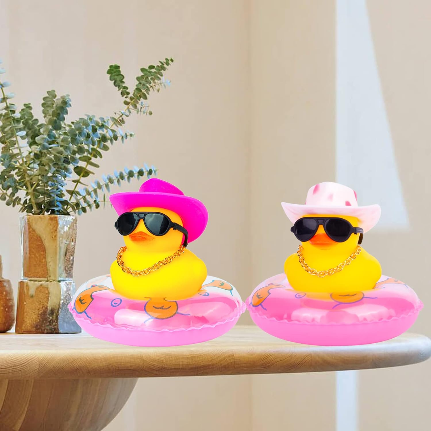 Car Rubber Duck 2Pcs Dashboard Decorations Yellow Duck Ornaments with Mini Swim Ring Sun Hat Necklace and Sunglasses image number 3