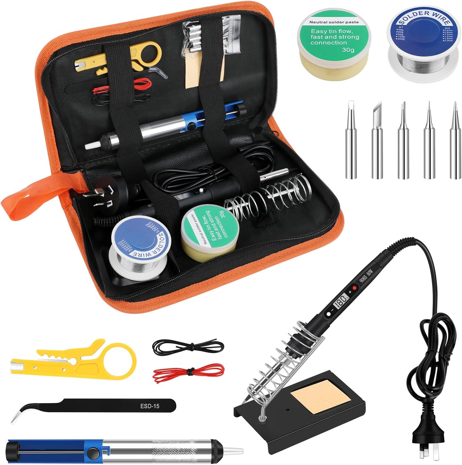 Soldering Iron Kit,80W Professional Soldering Kit for Electronics Adjustable Temperature Soldering Iron Tool with Solder Wire, Tweezers, Soldering Iron Stand(Au Plug) image number 2