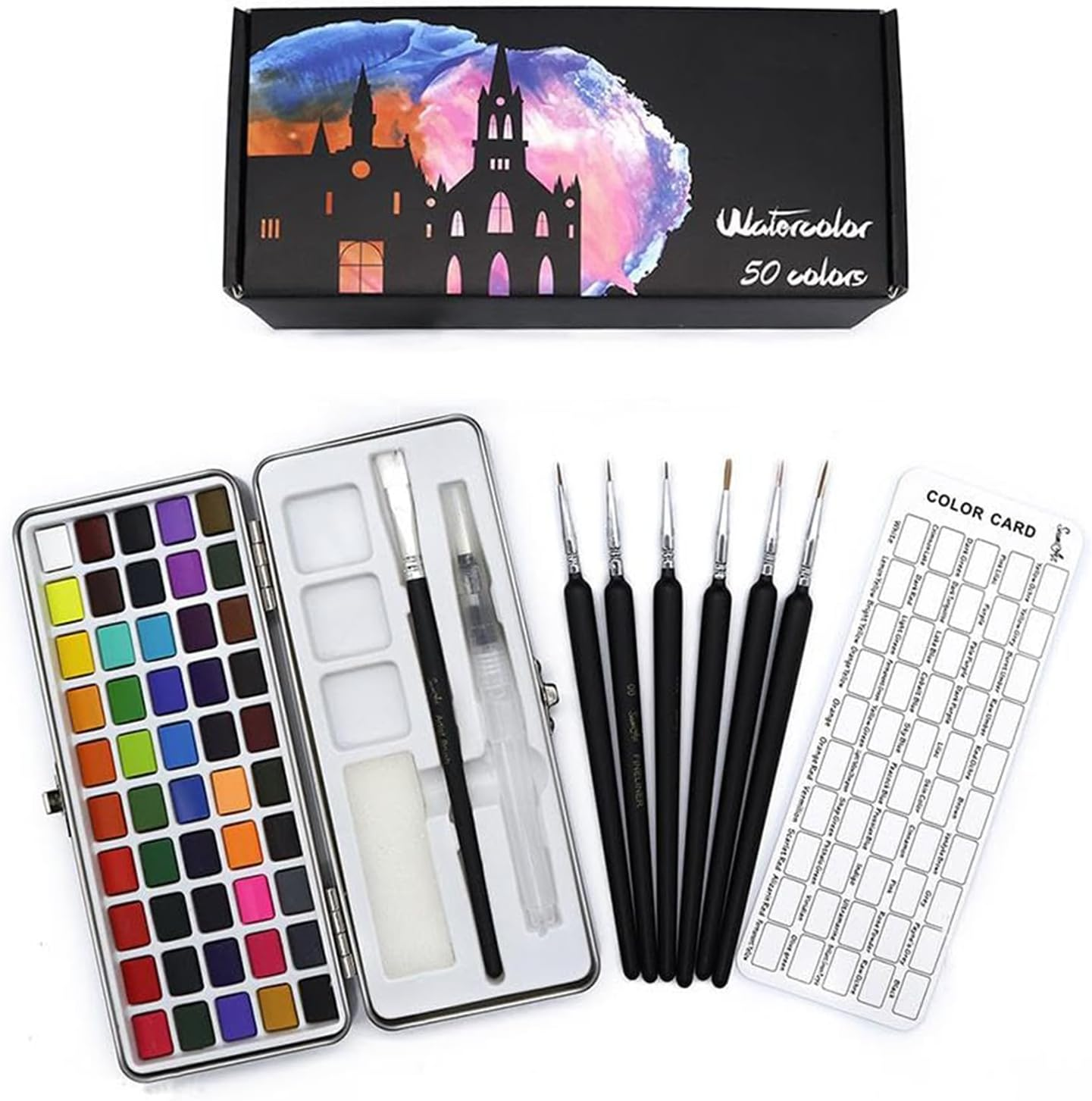 Oolong 50 Colors Watercolor Paint Set in Portable Iron Box,Travel Sized Water Color Art Kit Palette with 1 Water Brush Pens, 6 Paint Brushes, 1 Colour Charts for Adult Beginners & Professional image number 6