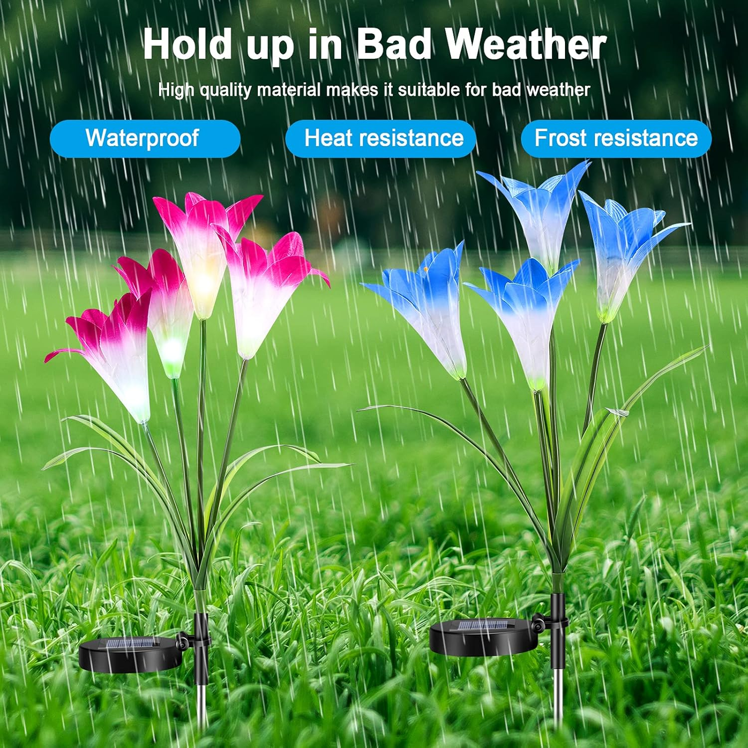 Outdoor Solar Garden Stake Lights, Solar Powered Light with 5 Rose and 4 Lily Flower, Solar Pathway Lights for Outdoor, Decorative, Party, Festival, Christmas, Patio Courtyard Lawn (4 Pack) image number 1