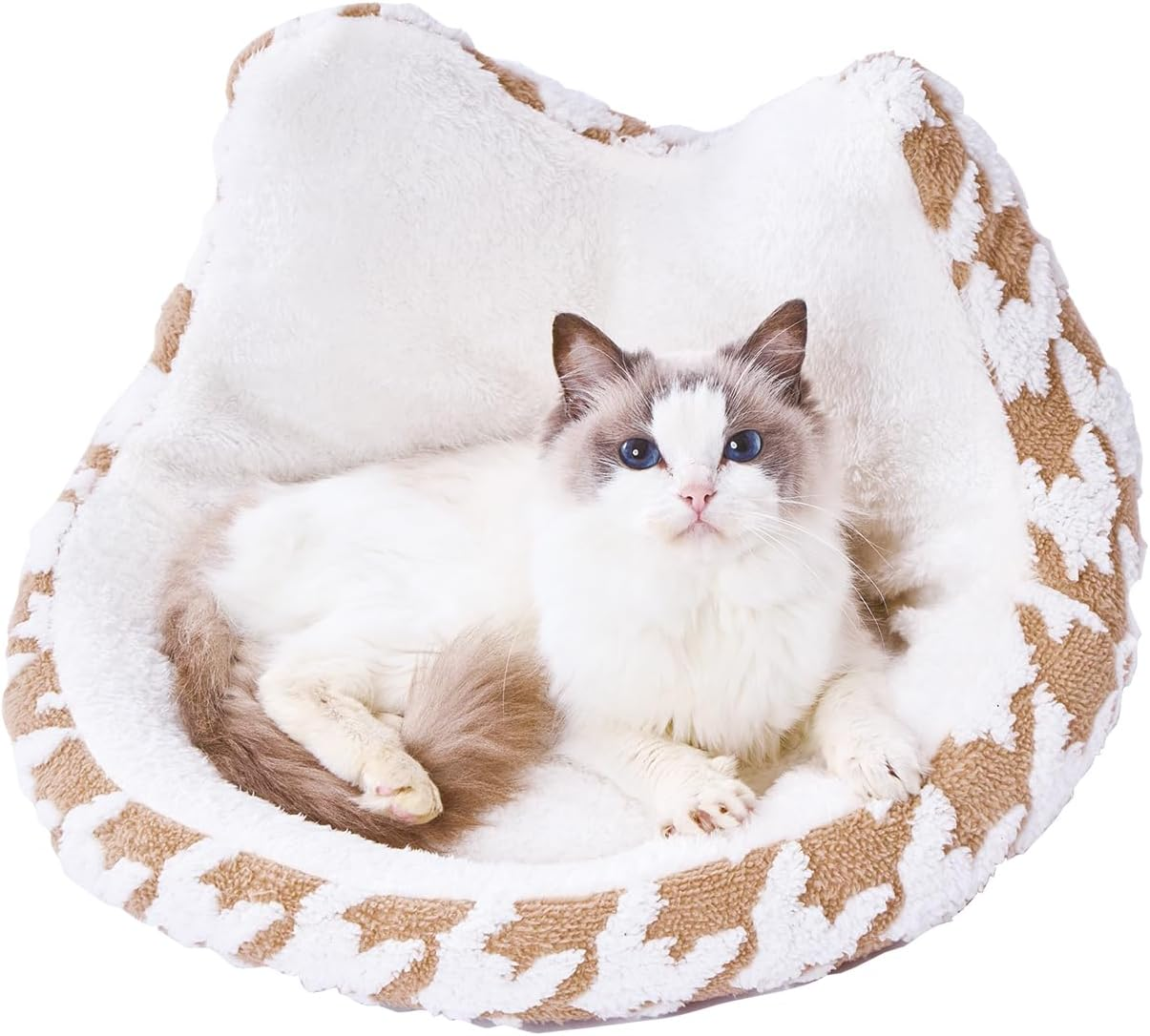 Petio Cat Bed, Warm Lounge Bed, with Border, round Cat Ears, Camel Brown image number 1