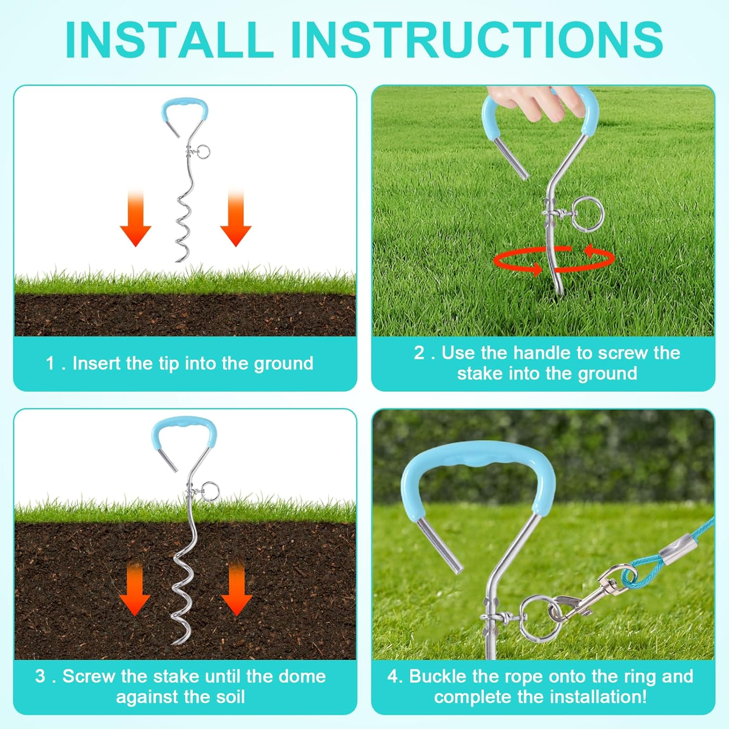 10Ft Dog Tie Out Cable with 15" Spiral Ground Stake Spike for Small to Medium Dogs up to 60 Lbs, Pet Tie Out Cable for Playing, Camping，Outdoor, Yard and Backyard in Ground (3 Meter, Lake Blue) image number 5