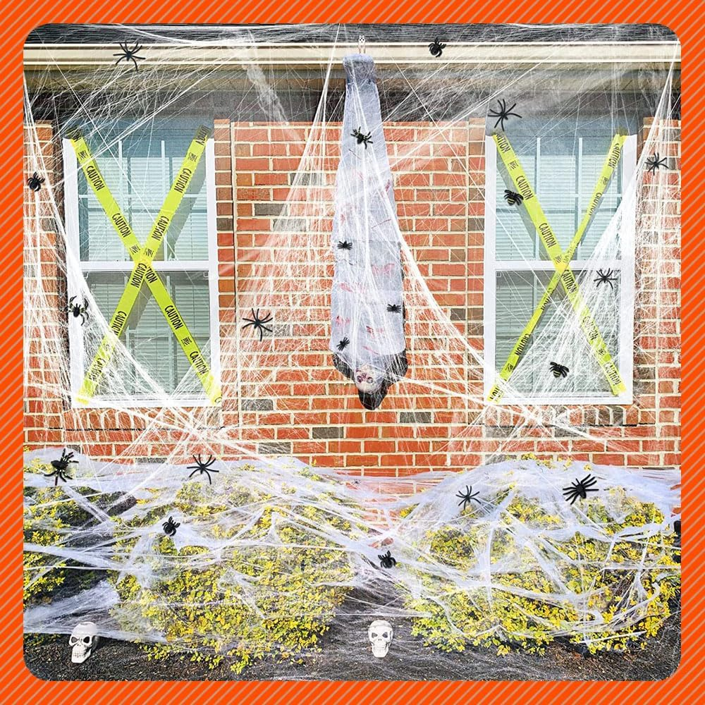 420G Halloween Cobweb Spider Decor 1400Sqft Webs with 150 PCS Spiders, Super Stretchy Spider Webbing with 150 Fake Spiders for Scary Indoor & Outdoor Halloween Decorations image number 2