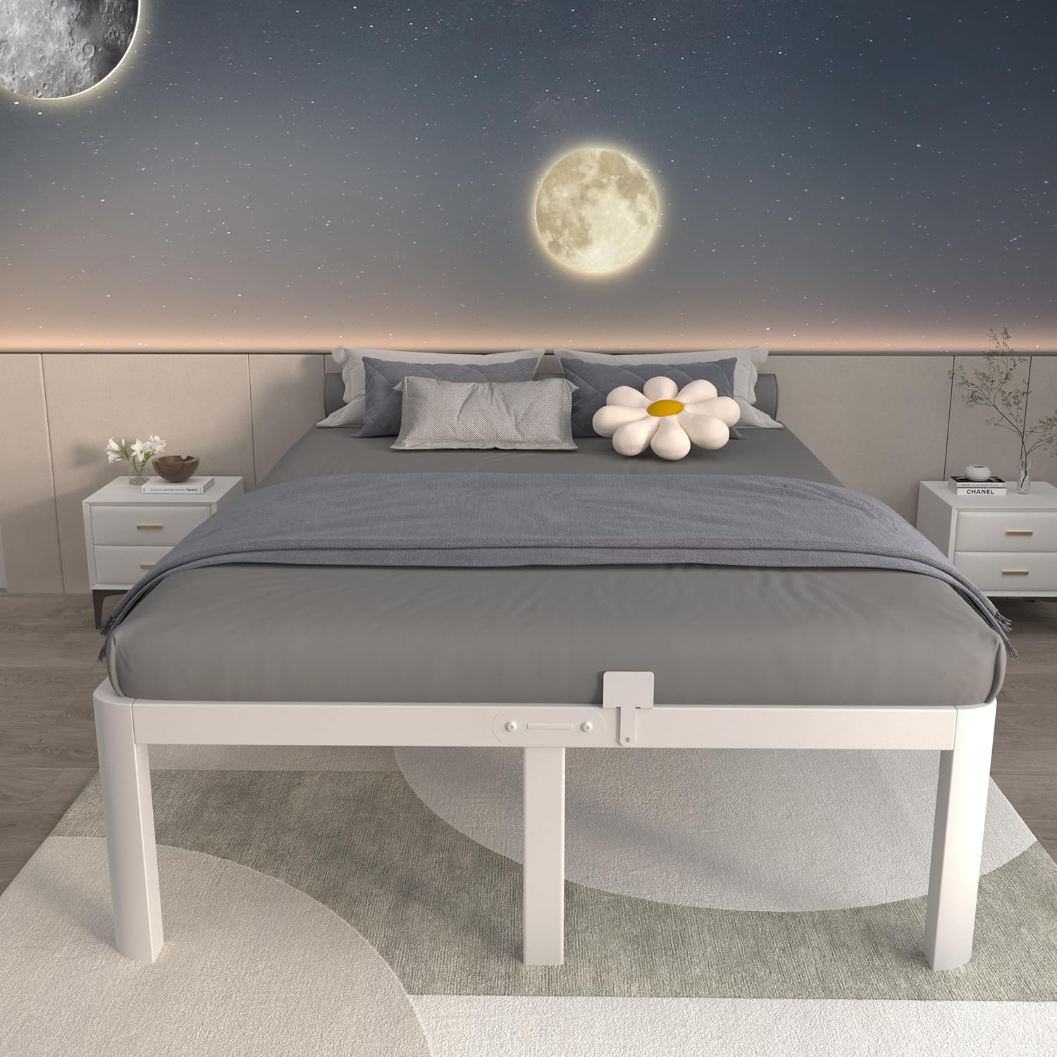 ITIMIDI 16 Inch Bed Frame Queen Size with Metal Gaskets, Heavy Duty Queen Platform Bed Frame No Box Spring Needed, DIY Headboard, Anti-Slip Mattress Stopper, round Corner Leg, Easy Assembly, White image number 5