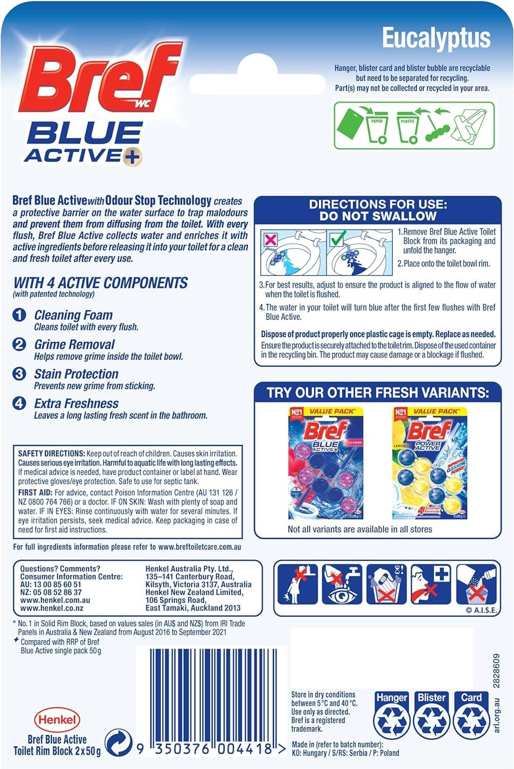 Bref Blue Active Eucalyptus, Rim Block Toilet Cleaner, 2X50G, 100 Grams image number 5