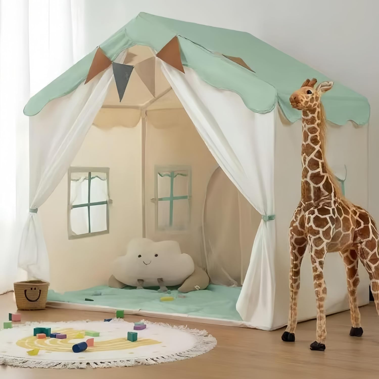 Kids Play Tent, Kids Playhouse 2 in 1 with Padded Mat, Indoor & Outdoor,130 X 89 X 130 Cm, Mint Green and White image number 6