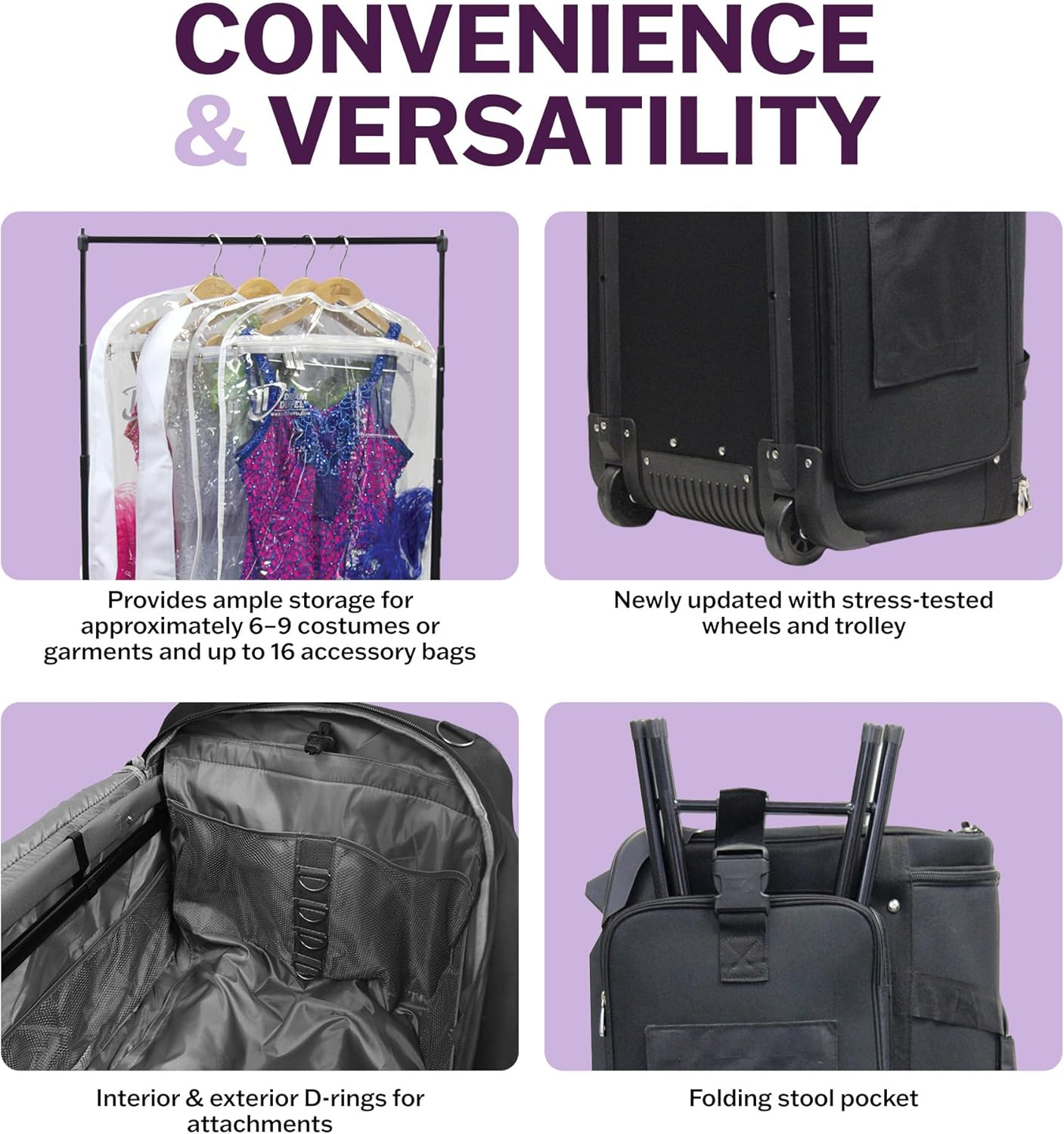 Medium Dream Duffel Rolling Bag with Garment Rack for Dance & Travel, 26&rdquo; Black image number 4