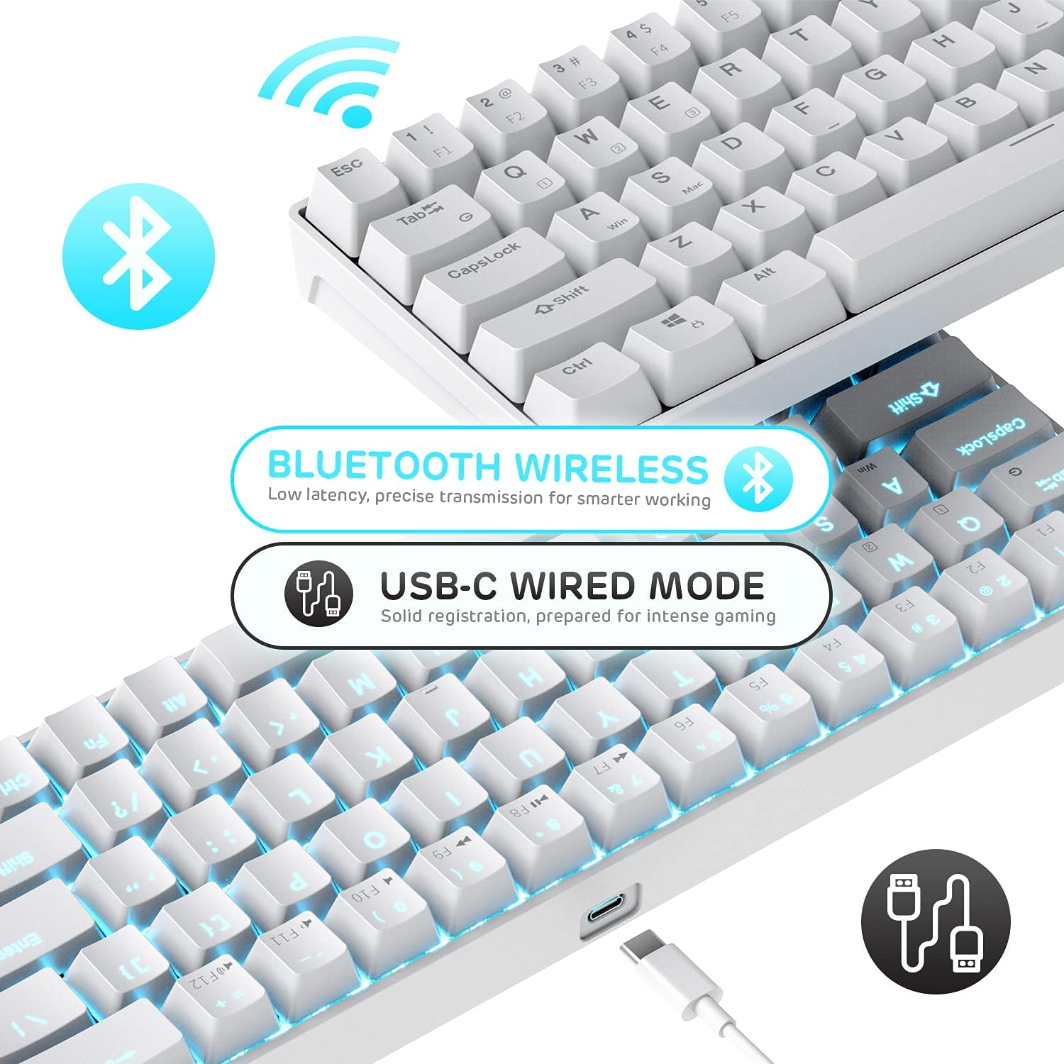 RK Royal KLUDGE RK68 (RK855) Wireless/Wired 65% Compact Mechanical Keyboard, 68 Keys 60% Bluetooth Rechargeable Gaming Keyboard with Macro Keys for Windows and Mac (Red Switch, White) image number 6