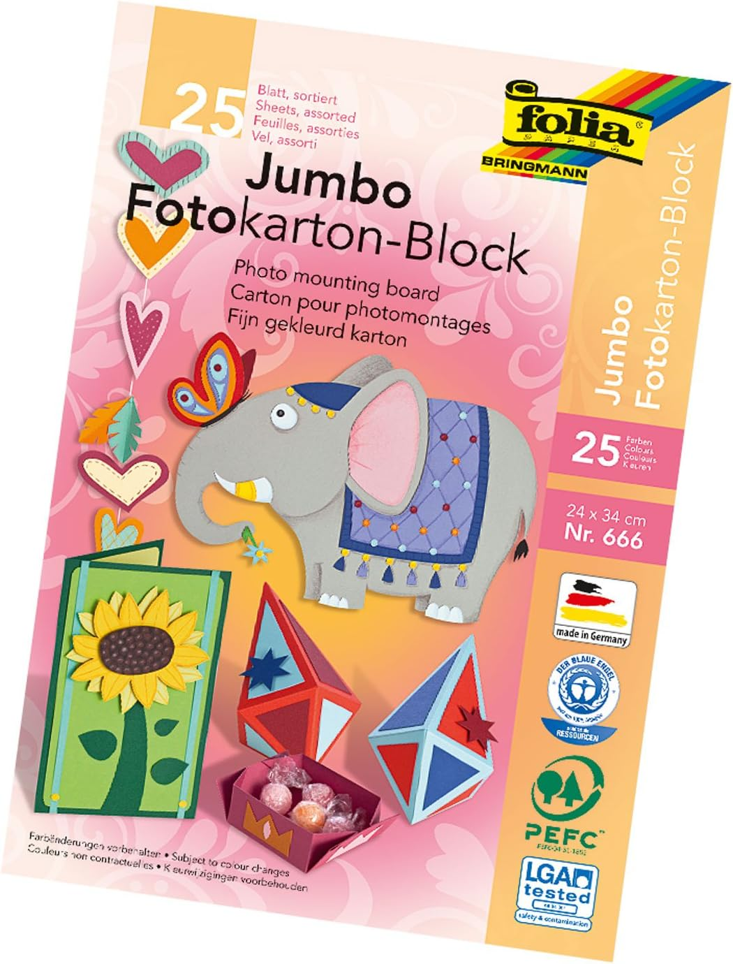 Folia 666 Jumbo Photo Card Pad, Approx. 24 X 34 Cm, 25 Sheets, Assorted Colours - the Ideal Basis for a Wide Range of Craft Ideas image number 1