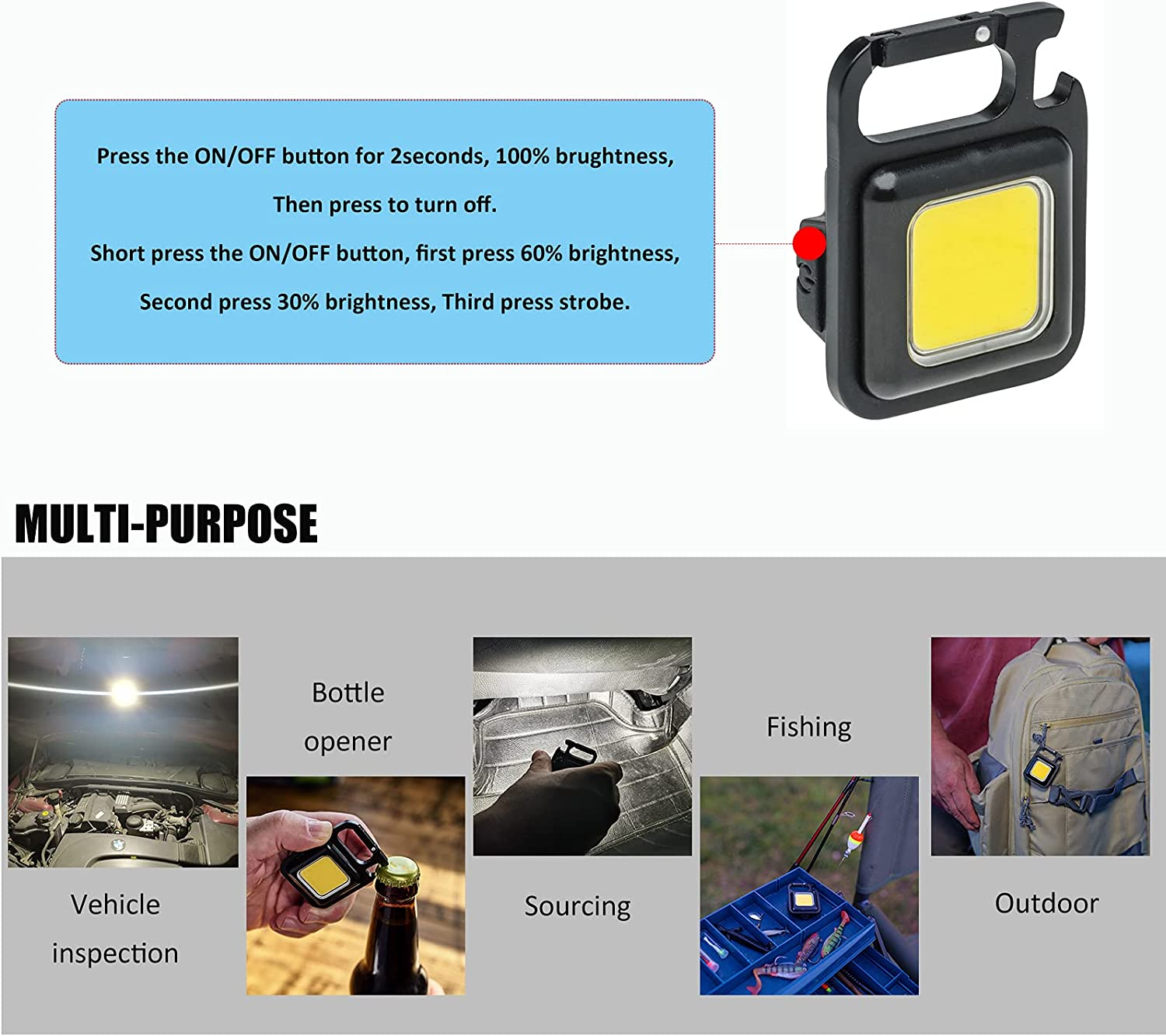 Mini COB Keychain Flashlight(500 Lumens), CREVIV Rechargeable Mini COB Light with Collapsible Bracket and Magnet, Portable Pocket Light with Bottle Opener, Used for Emergency Lighting（Tripod Included）