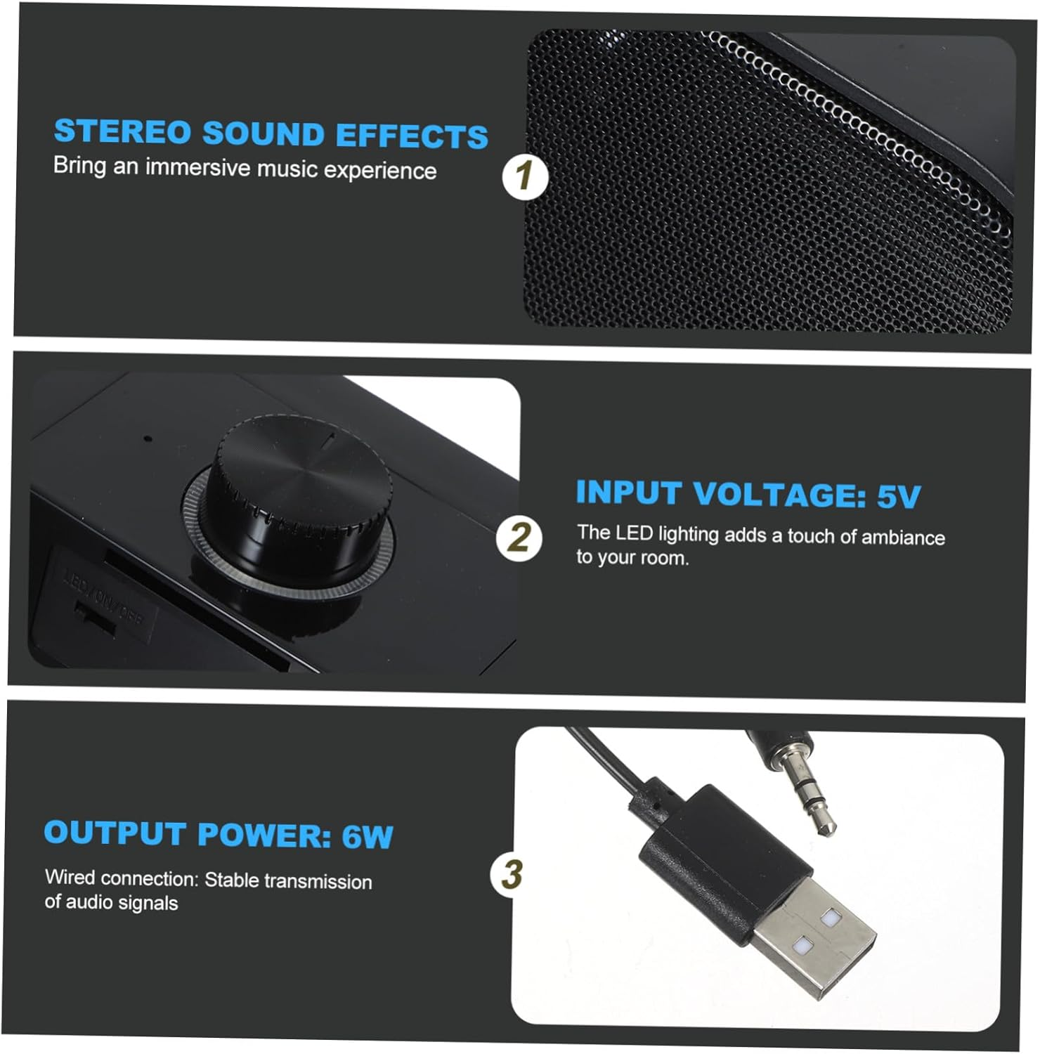 Homoyoyo Hifi Stereo Soundbar with LED Lighting Wired Desktop Speaker for Gaming Tablets and Computers Dual Speakers Delivering Rich Bass and Treble Stable Connection for Movies Music And image number 6