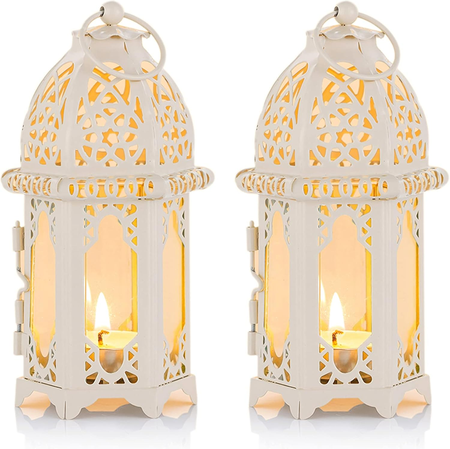 NUPTIO 2 Pcs Moroccan Style Candle Lantern - Small Sized Tealight Candle Holder with Transparent Glass Panels Great for Patio, Indoors/Outdoors, Events, Parties and Weddings, White image number 2
