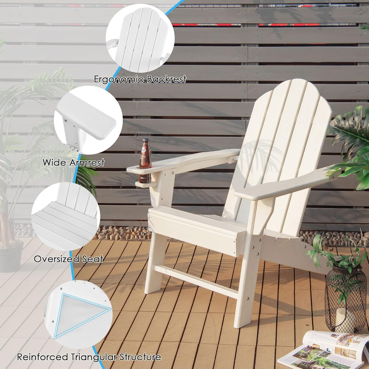 Costway Adirondack Chair with Cup Holder, Outdoor Patio Weather Resistant Adirondack Chair, Fire Pit Chair for Porch, Garden, Poolside and Beach (White)