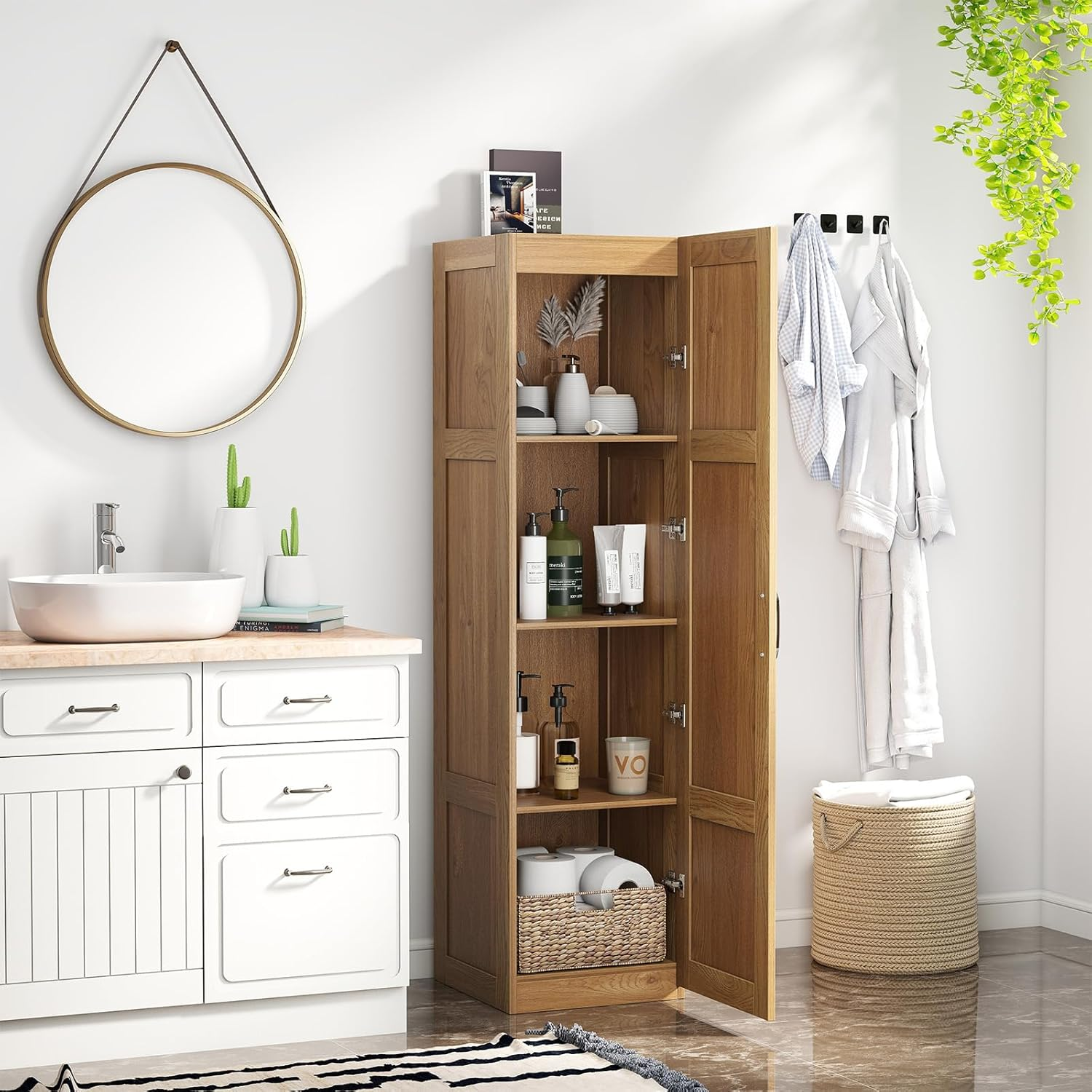 Giantex 150 Cm Tall Storage Cabinet, 4-Tier Freestanding Floor Cabinet with Door, Narrow Pantry Organizer for Dining Room, Kitchen, Utility Room, Living Room and Bathroom (Natural) image number 2