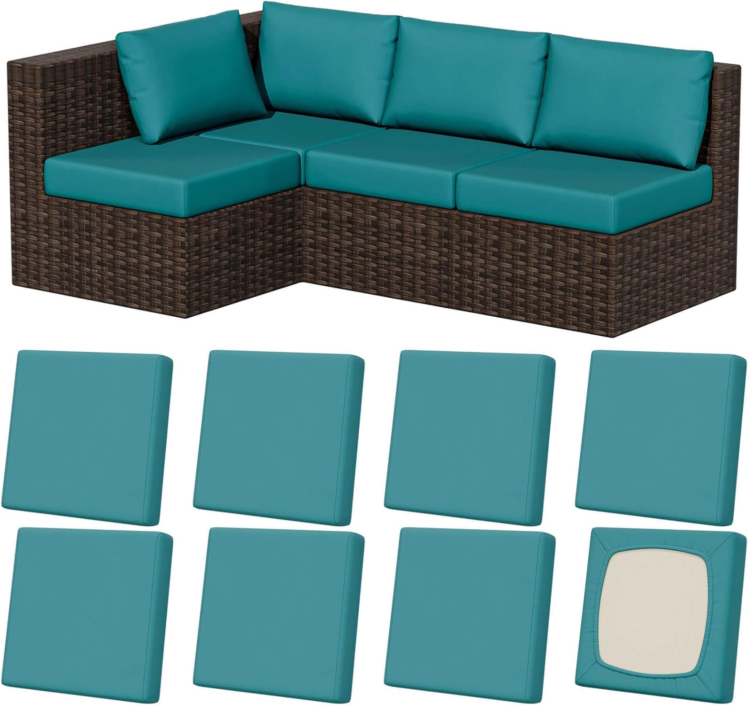 8Pcs Stretch Patio Cushion Covers, Outdoor Couch & Sofa Replacement Slipcovers for Patio Furniture Cushion Covers, Washable Reusable Furniture Protector, Square-Large, Petrol-Blue image number 1