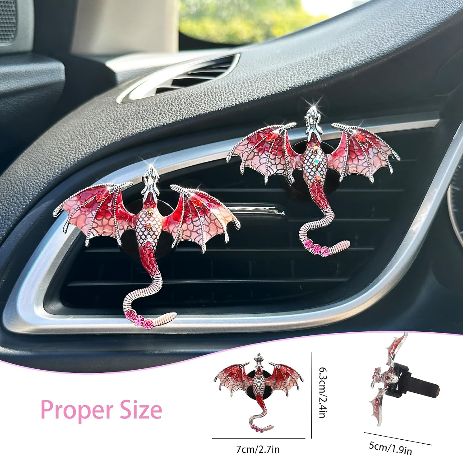 Red Car Accessories 2Pcs Bling Dragon Car Air Freshener Vent Clips Cute Alloy Red Enamel Wyvern Dragon Vent Clips Car Accessories Refillable Car Essential Oil Diffuser Goth Car Decor image number 1