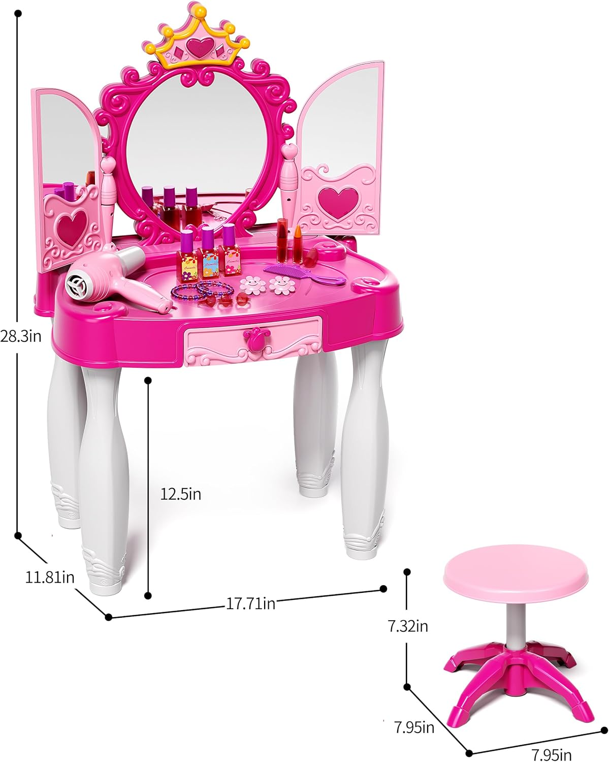 Kids Vanity Makeup Table with Mirror and Chair, Toddler Kids Makeup Vanity Table Set with Lights and Sound of Music, Toddler Vanity Girl Toys Set Includes Blowdryer and Makeup Kit image number 3