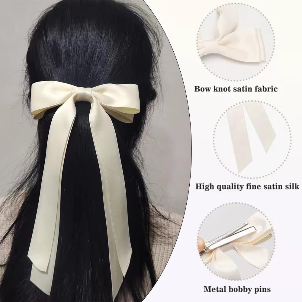 TSUOUKL 2 Pieces Silky Satin Hair Bows Hair Clip Pink Cream Hair Band Ponytail Holder Metal Clips Hair Bow for Women
