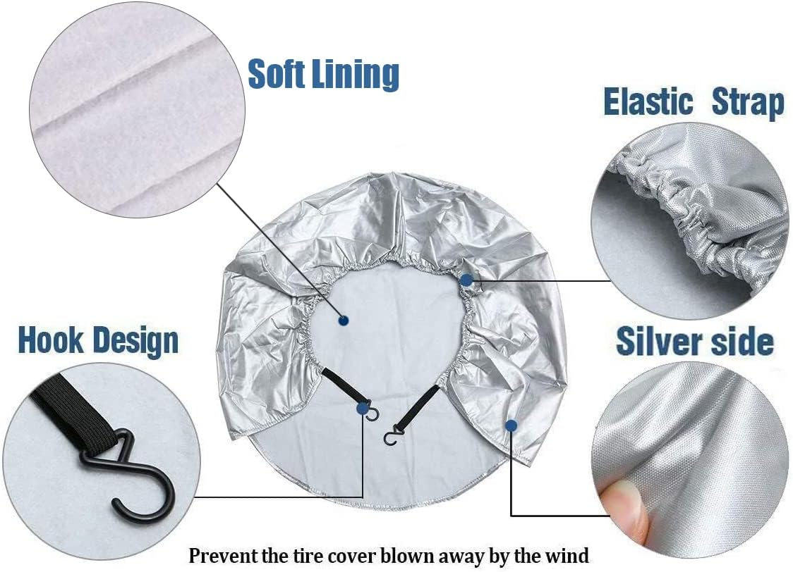 Tire Covers,4Pcs Tire Cover Waterproof Dustproof Aluminum Film Anti‑Uv Tyre Spare Wheel Protector with Hooks for Car RV SUV Truck Trailer,Fit 40-42 Inch Tire Diameter/Silver image number 1