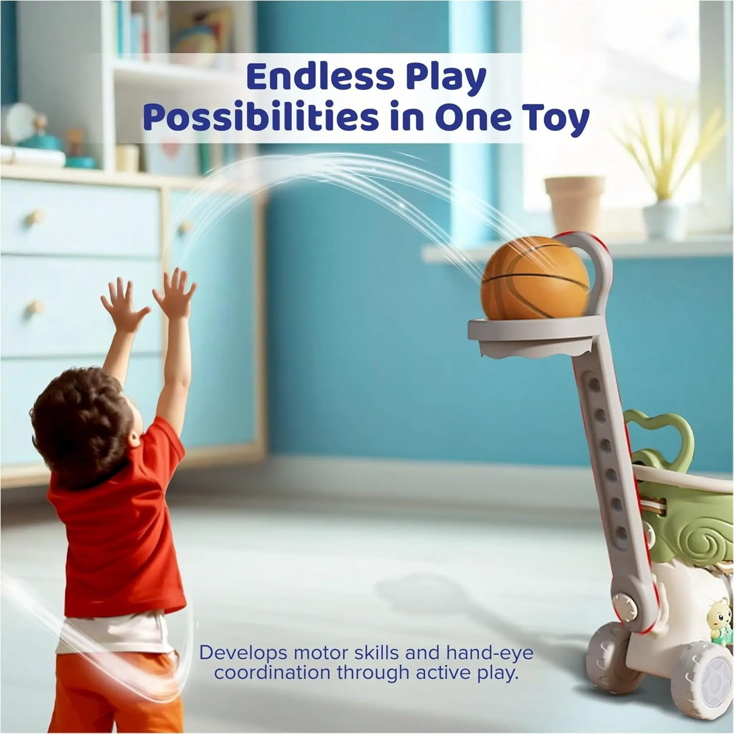 5 in 1 Rocking Horse for Toddlers 1-3 Years, Baby Rocking Horse W/Detachable Balance Board/Bike, Push Walker, Basketball Hoop Supports up to 50 Kgs Bpa/Lead Free HDPE Kids Ride on Toy W/Sound (Pink)