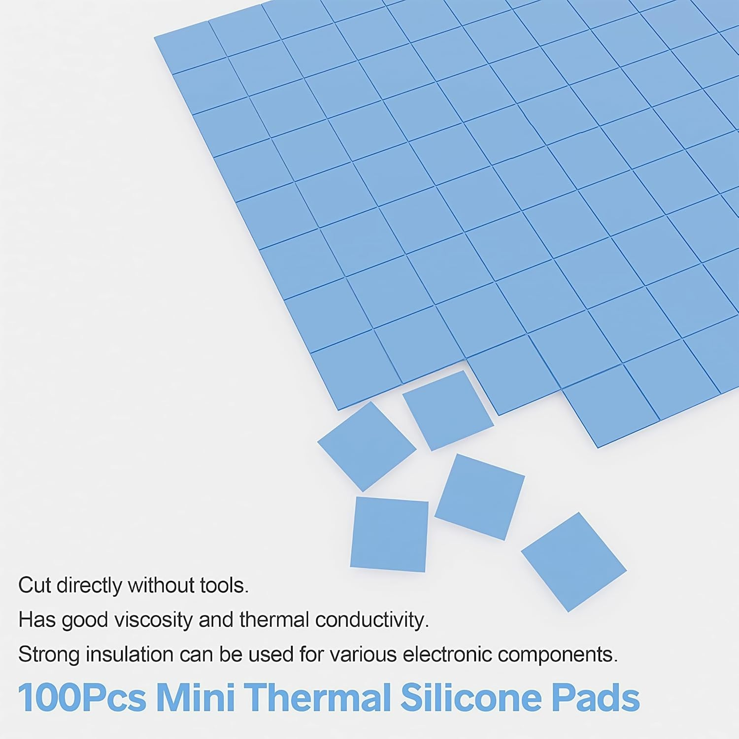 ADWITS 100 Pieces 10X10X1Mm Thermally Conductive Silicone Pads, Soft Cooling Pad for GPU LED PSU TV DDR Module IC Chipset -Blue